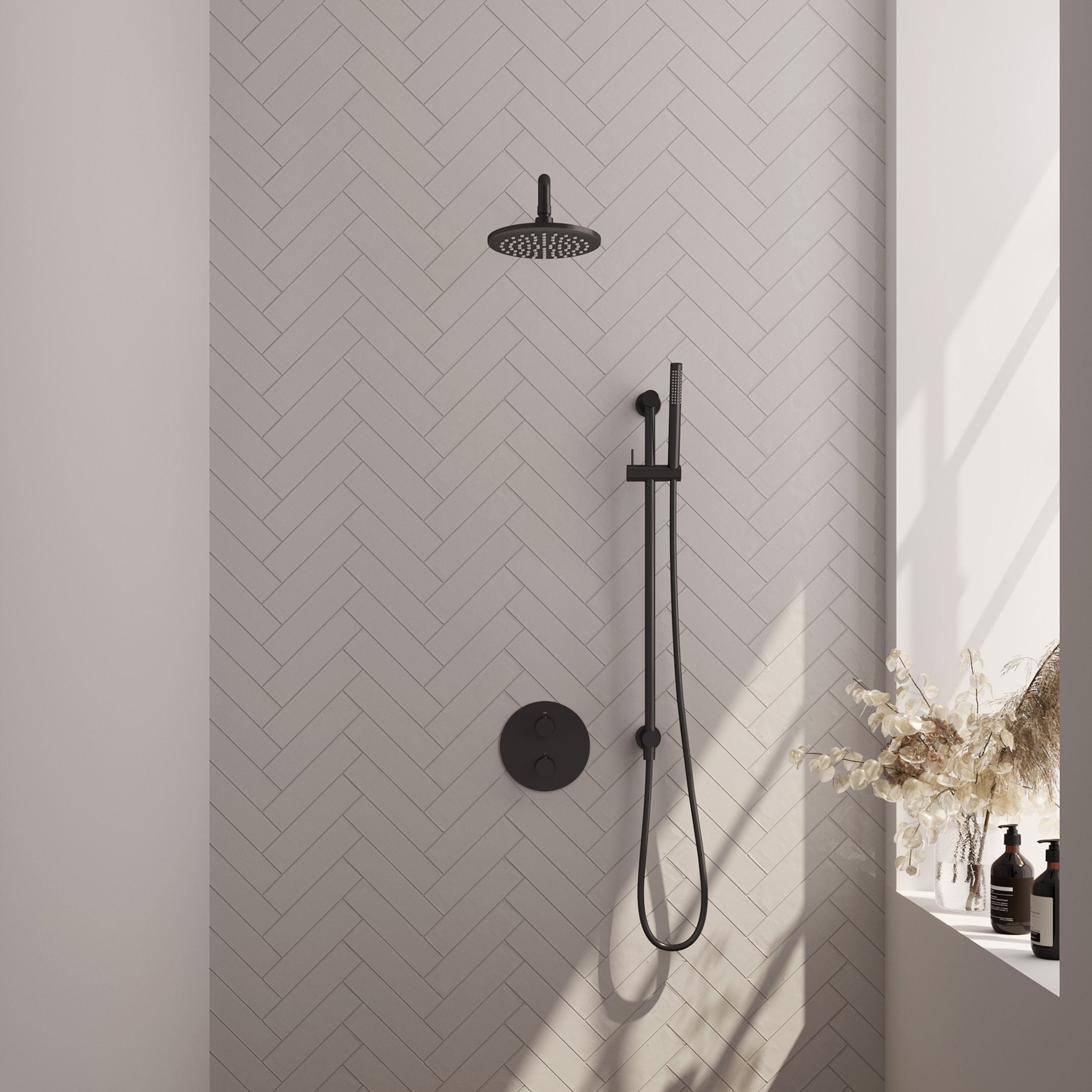 Brauer Edition inbouw regendoucheset 3-weg rond - 20cm hoofddouche - gebogen wandarm - staafhanddouche - glijstang - Mat Zwart