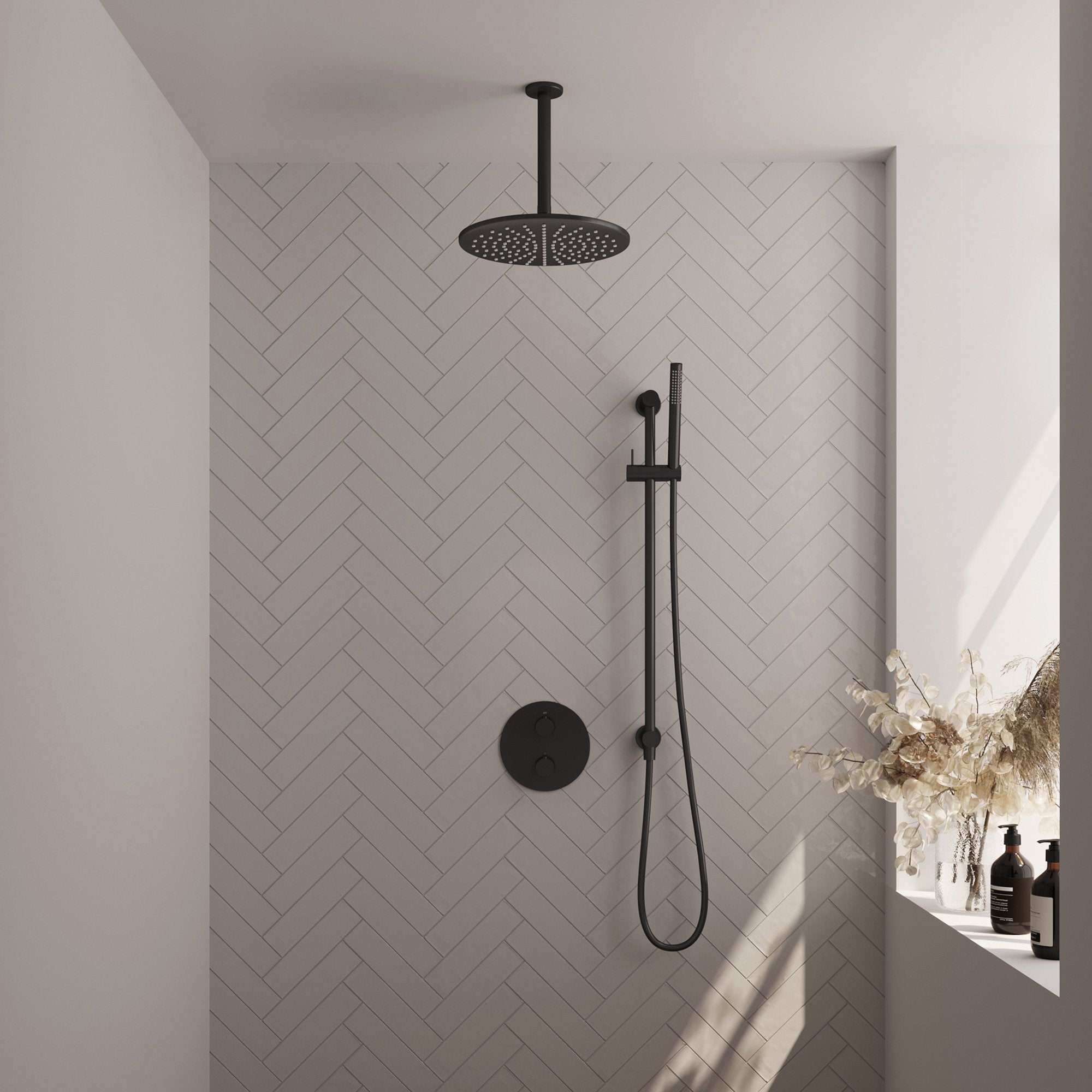 Brauer Edition inbouw regendoucheset 3-weg rond - 30cm hoofddouche - plafondarm - staafhanddouche - glijstang - Mat Zwart