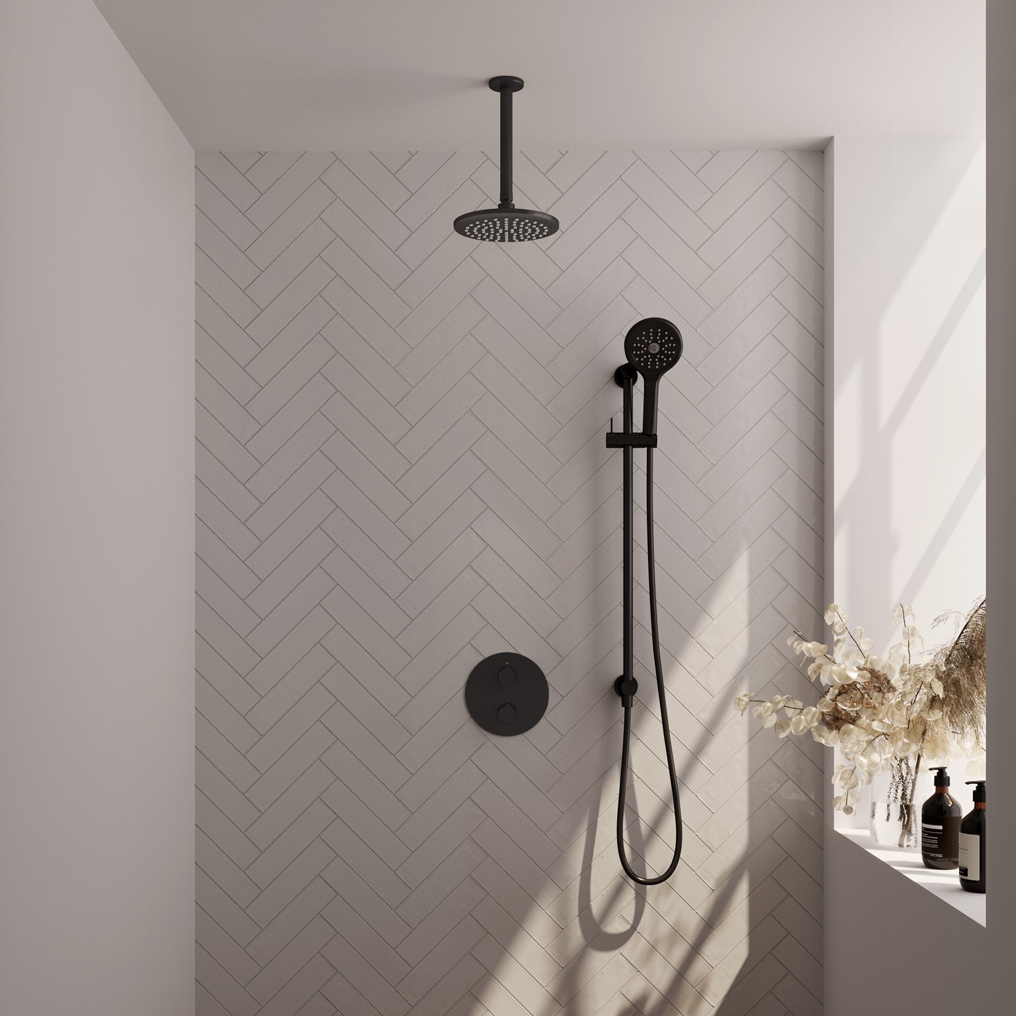 Brauer Edition inbouw regendoucheset 3-weg rond - 20cm hoofddouche - plafondarm - 3 standen handdouche - glijstang - Mat Zwart