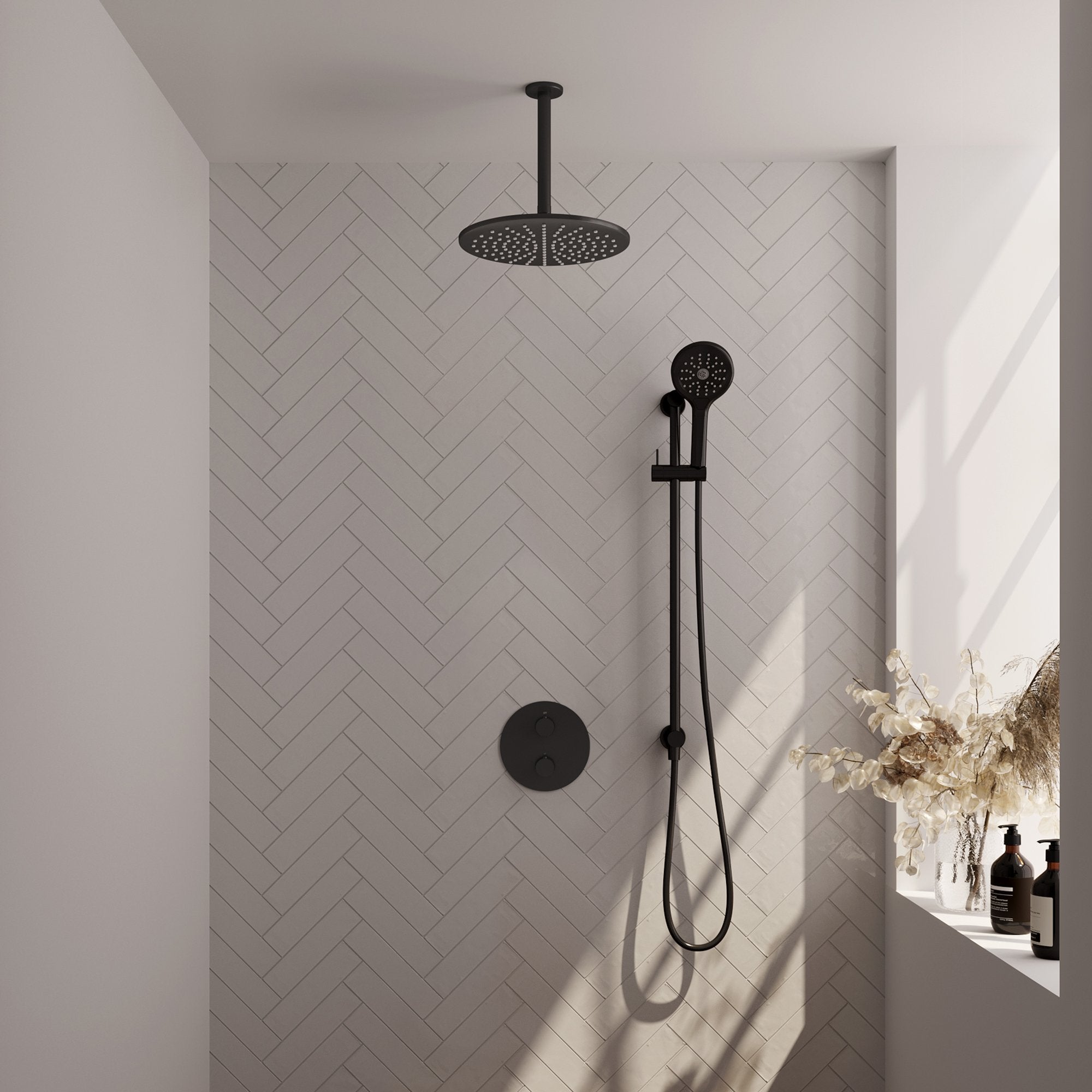 Brauer Edition inbouw regendoucheset 3-weg rond - 30cm hoofddouche - plafondarm - 3 standen handdouche - glijstang - Mat Zwart