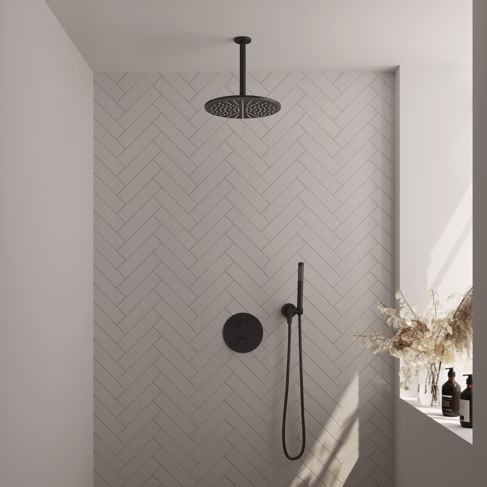 Brauer Carving inbouw regendoucheset 3-weg rond - 30cm hoofddouche - plafondarm - staafhanddouche - wandhouder - Mat Zwart