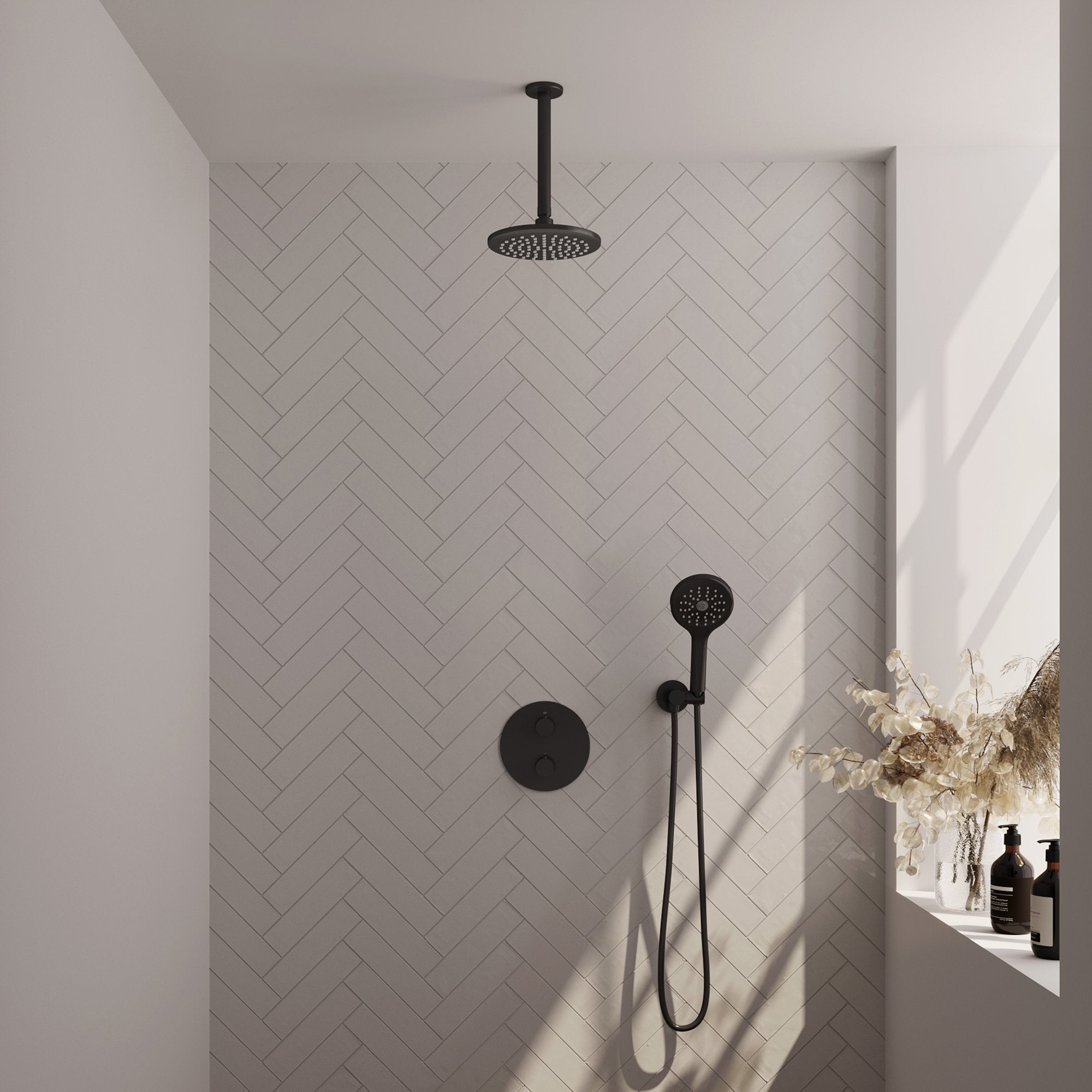 Brauer Carving inbouw regendoucheset 3-weg rond - 20cm hoofddouche - plafondarm - 3 standen handdouche - wandhouder - Mat Zwart