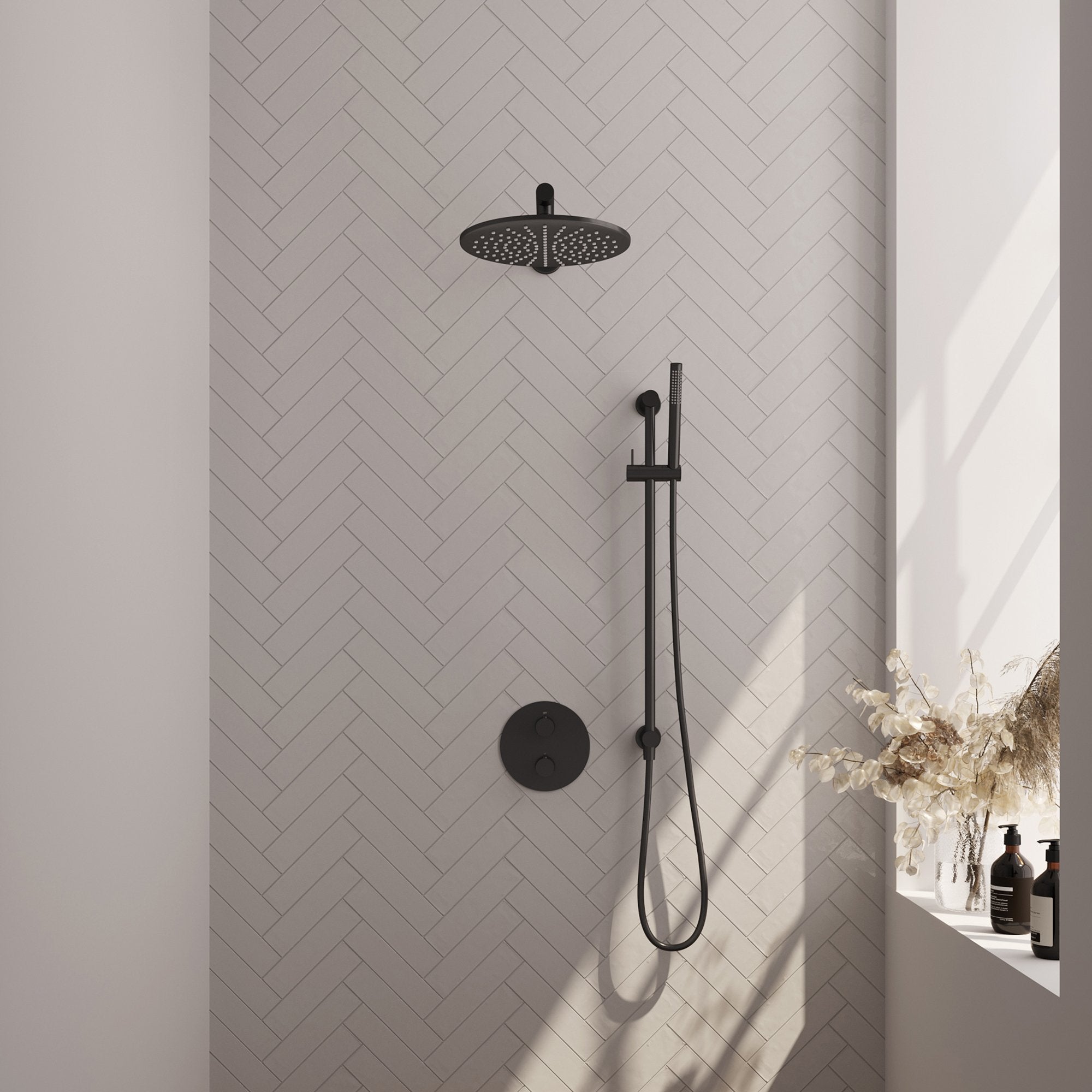 Brauer Carving inbouw regendoucheset 3-weg rond - 30cm hoofddouche - rechte wandarm - staafhanddouche - glijstang - Mat Zwart