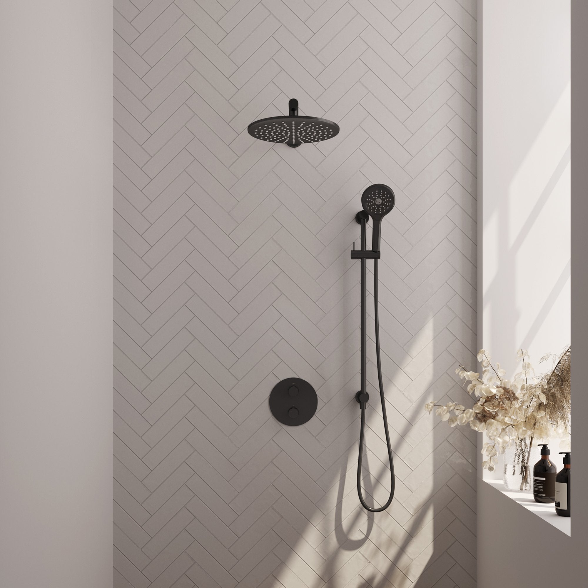 Brauer Carving inbouw regendoucheset 3-weg rond - 30cm hoofddouche - rechte wandarm - 3 standen handdouche - glijstang - Mat Zwart