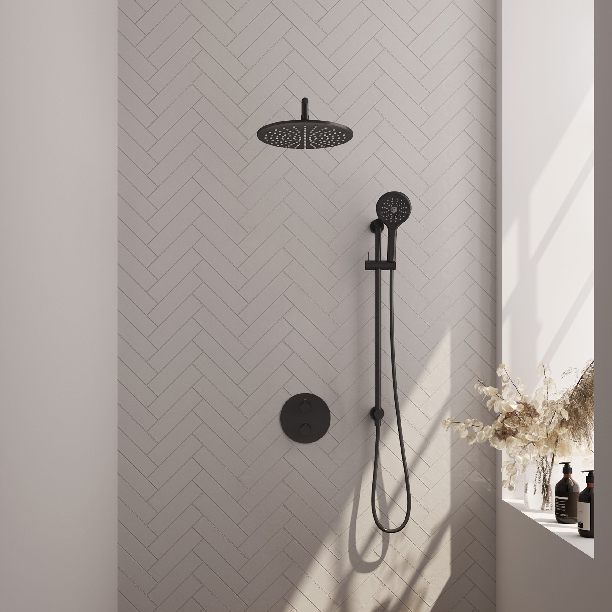 Brauer Carving inbouw regendoucheset 3-weg rond - 30cm hoofddouche - gebogen wandarm - 3 standen handdouche - glijstang - Mat Zwart