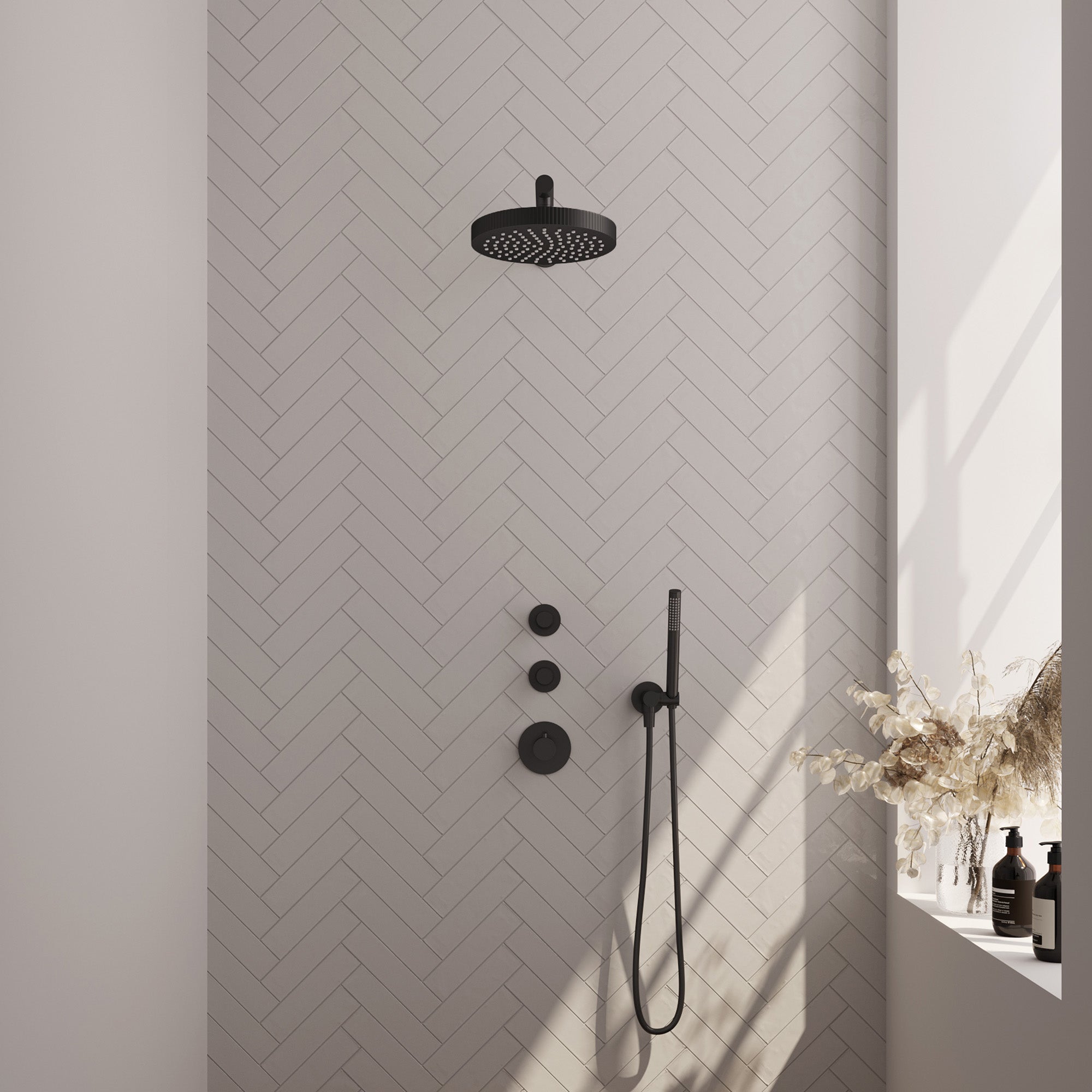 Brauer Stripe inbouw regendoucheset met 2 stopkranen - rechte wandarm - staafhanddouche - wandhouder - Mat Zwart