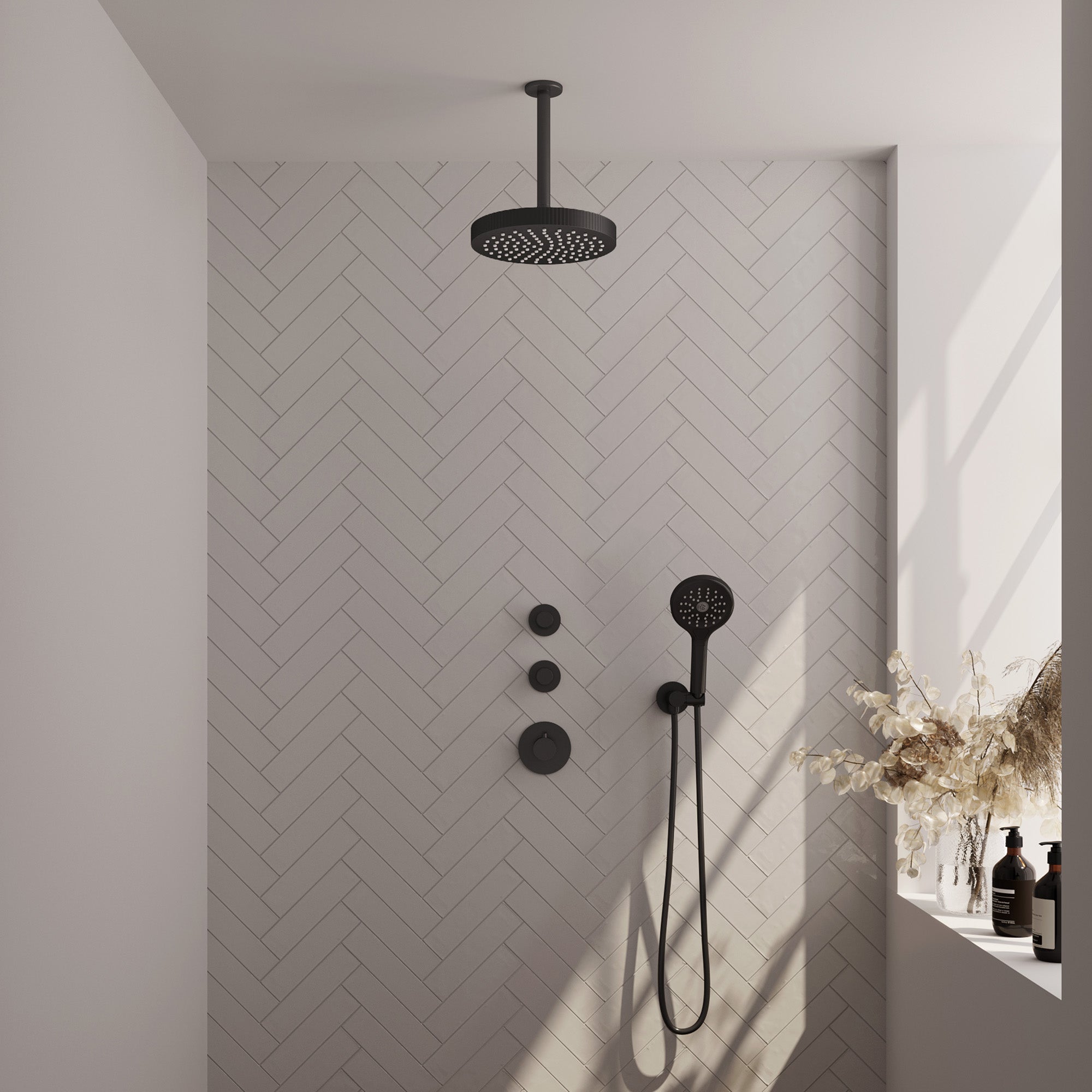 Brauer Stripe inbouw regendoucheset met 2 stopkranen  - 20cm plafondbuis - staafhanddouche - wandhouder - Mat Zwart