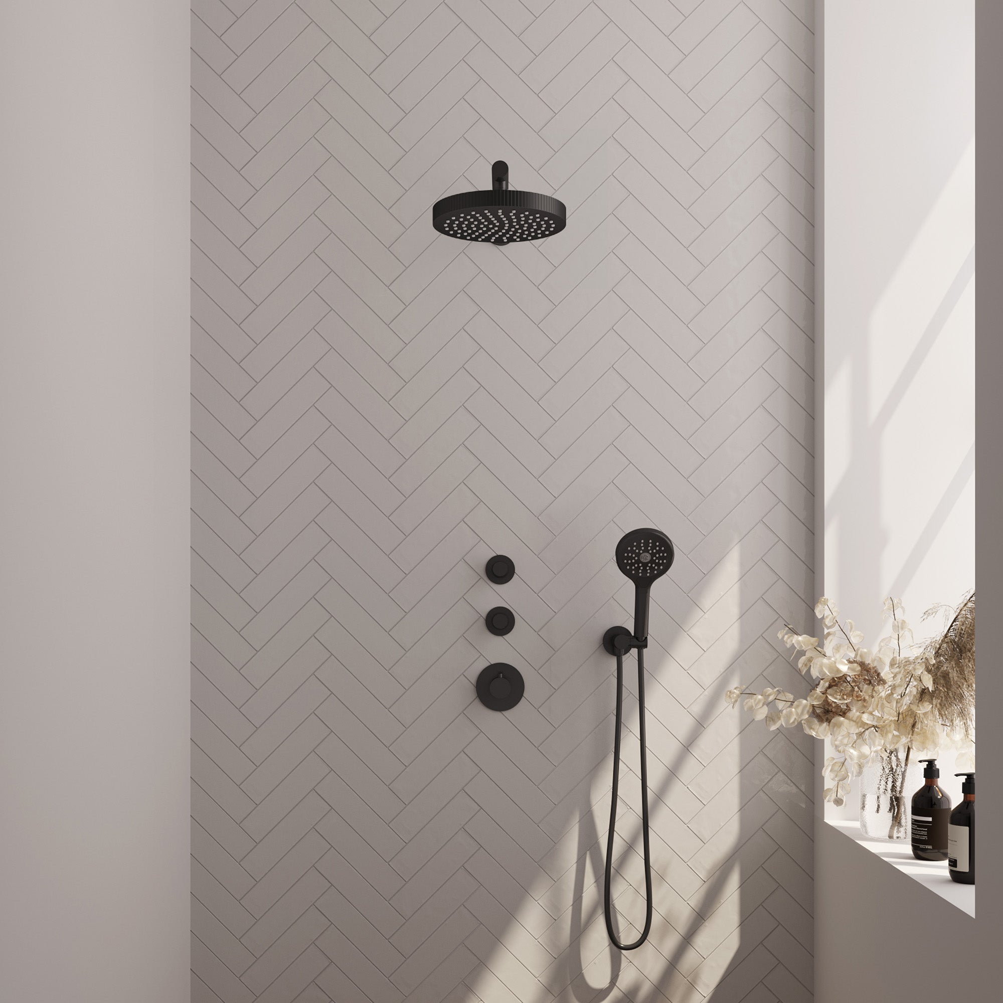 Brauer Stripe inbouw regendoucheset met 2 stopkranen - rechte wandarm - 3-standen handdouche - wandhouder - Mat Zwart