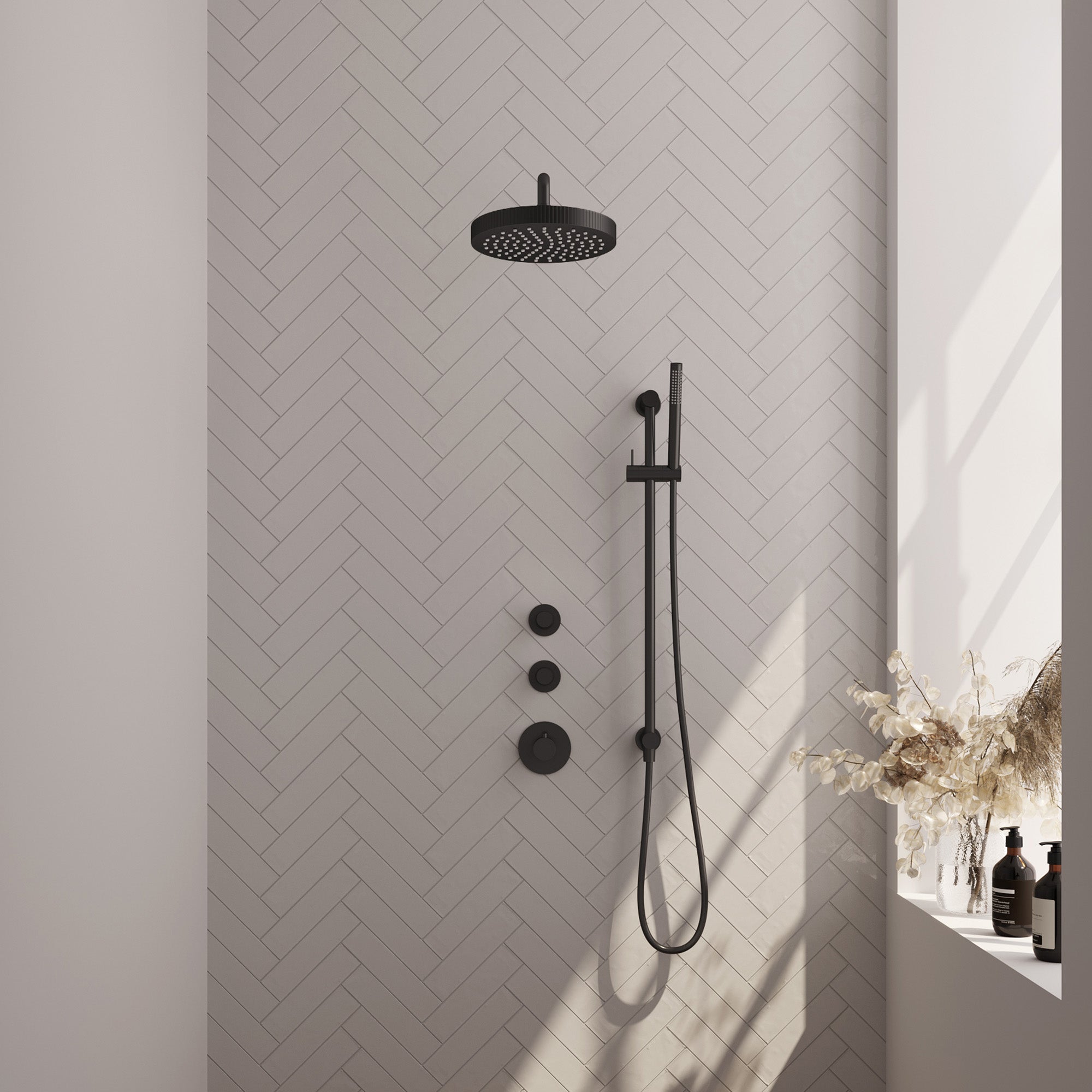Brauer Stripe inbouw regendoucheset met 2 stopkranen - gebogen wandarm - staafhanddouche - glijstang - Mat Zwart