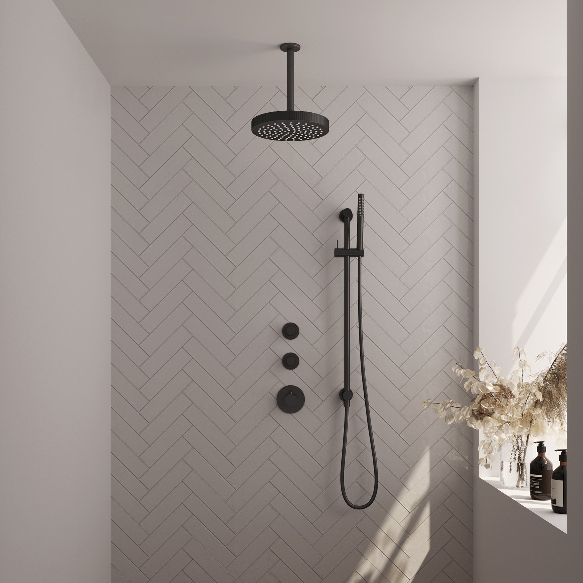 Brauer Stripe inbouw regendoucheset met 2 stopkranen  - 20cm plafondbuis - staafhanddouche - glijstang - Mat Zwart