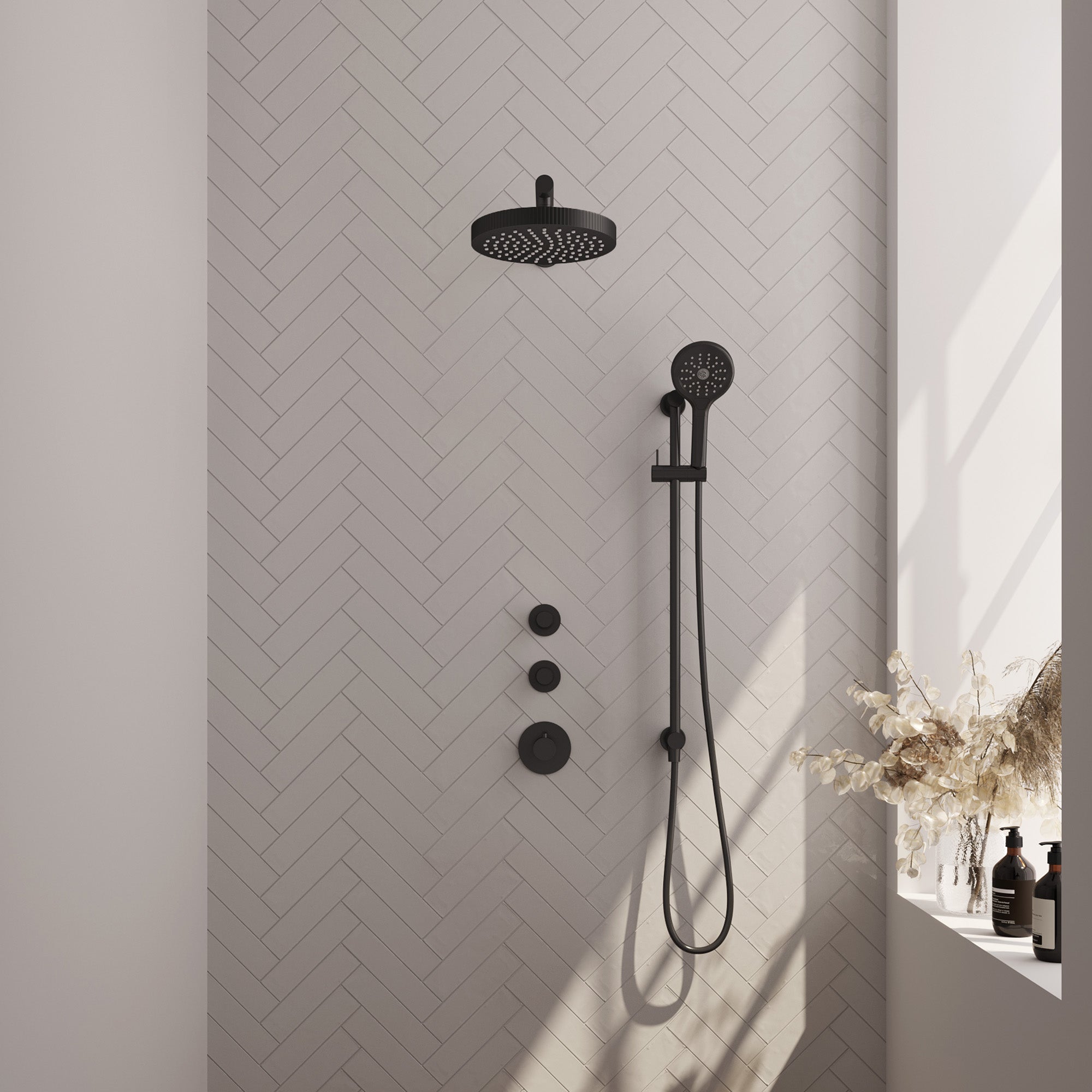 Brauer Stripe inbouw regendoucheset met 2 stopkranen - rechte wandarm - 3-standen handdouche - glijstang - Mat Zwart