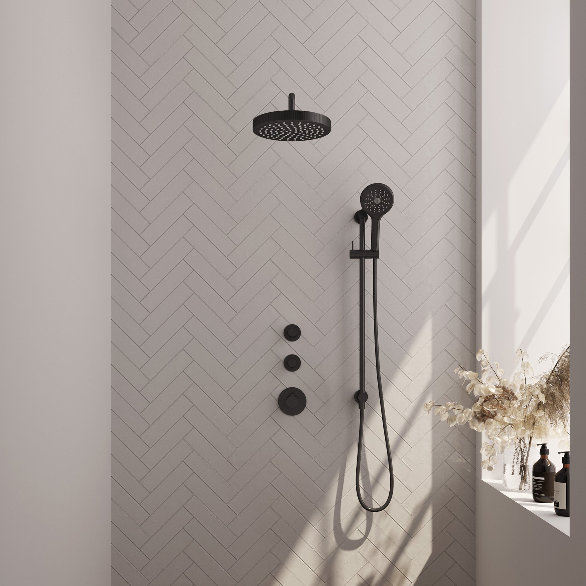 Brauer Stripe inbouw regendoucheset met 2 stopkranen - gebogen wandarm - 3-standen handdouche - glijstang - Mat Zwart