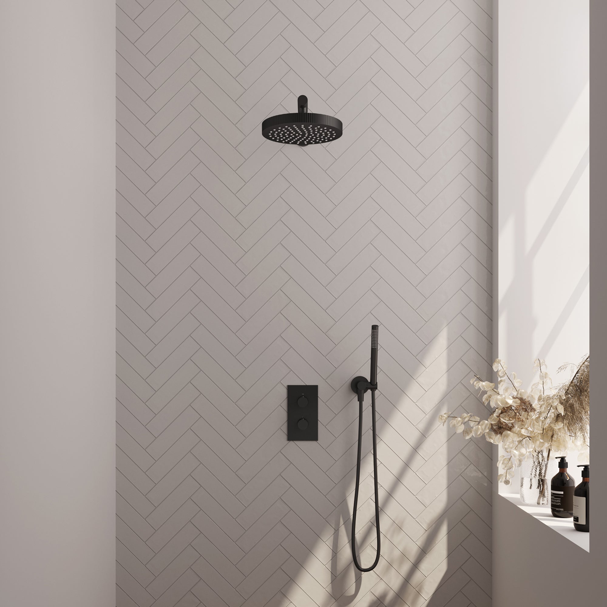 Brauer Stripe thermostatische inbouw regendouche rechthoekig - rechte wandarm - staafhanddouche - wandhouder - Mat Zwart