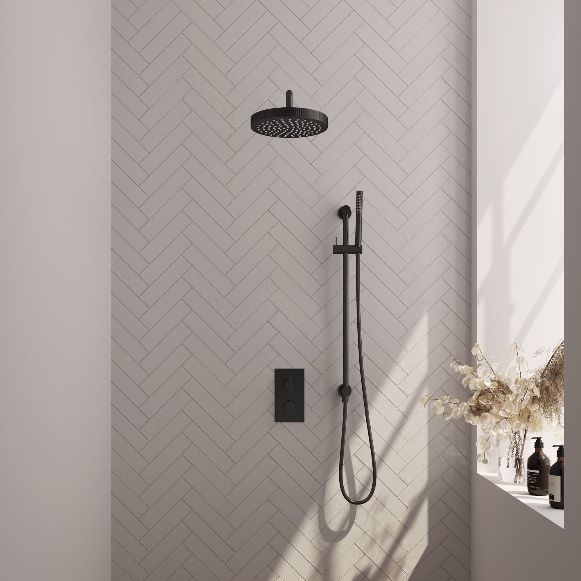 Brauer Stripe thermostatische inbouw regendouche rechthoekig - gebogen wandarm - staafhanddouche - glijstang - Mat Zwart