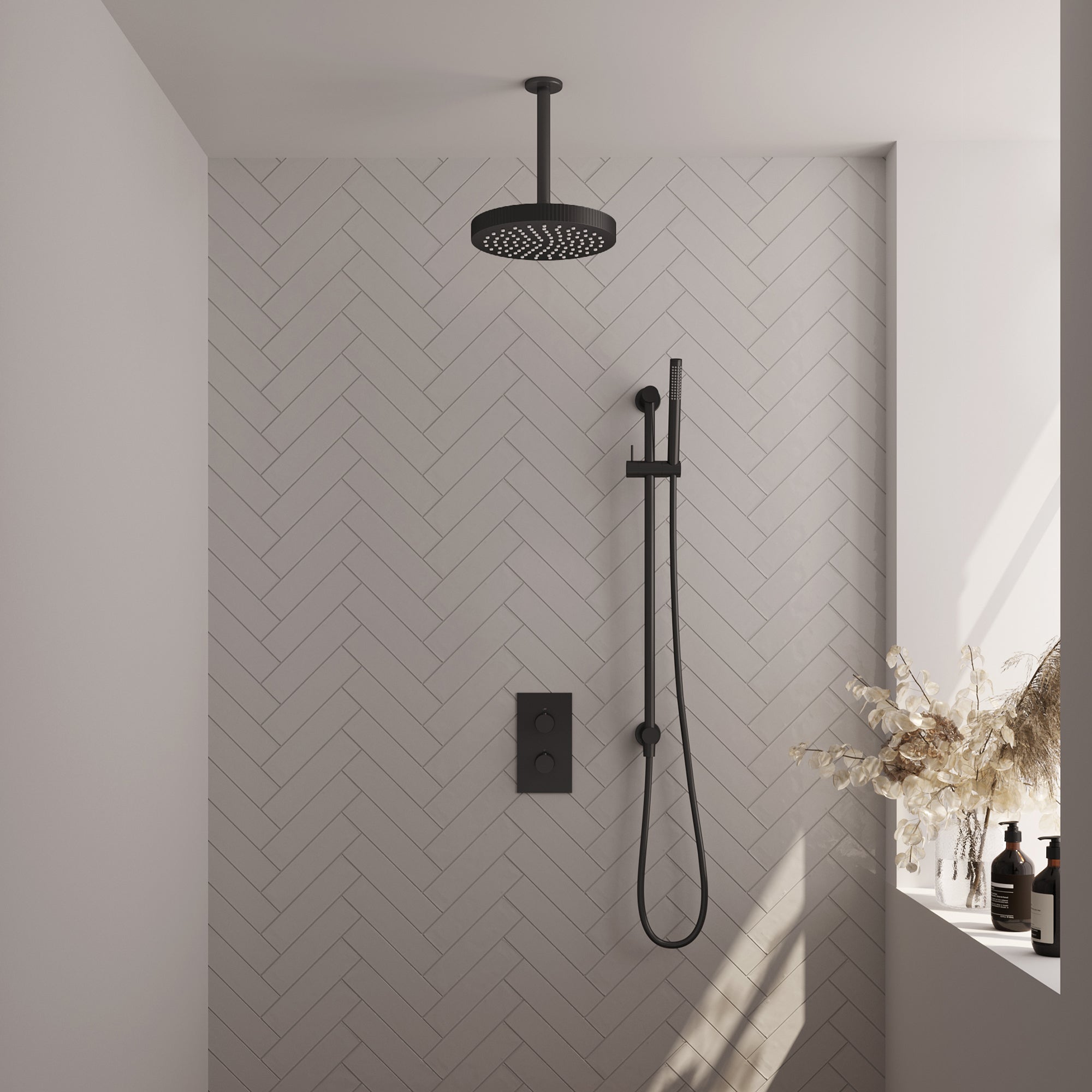 Brauer Stripe thermostatische inbouw regendouche rechthoekig  - 20cm plafondbuis - staafhanddouche - glijstang - Mat Zwart