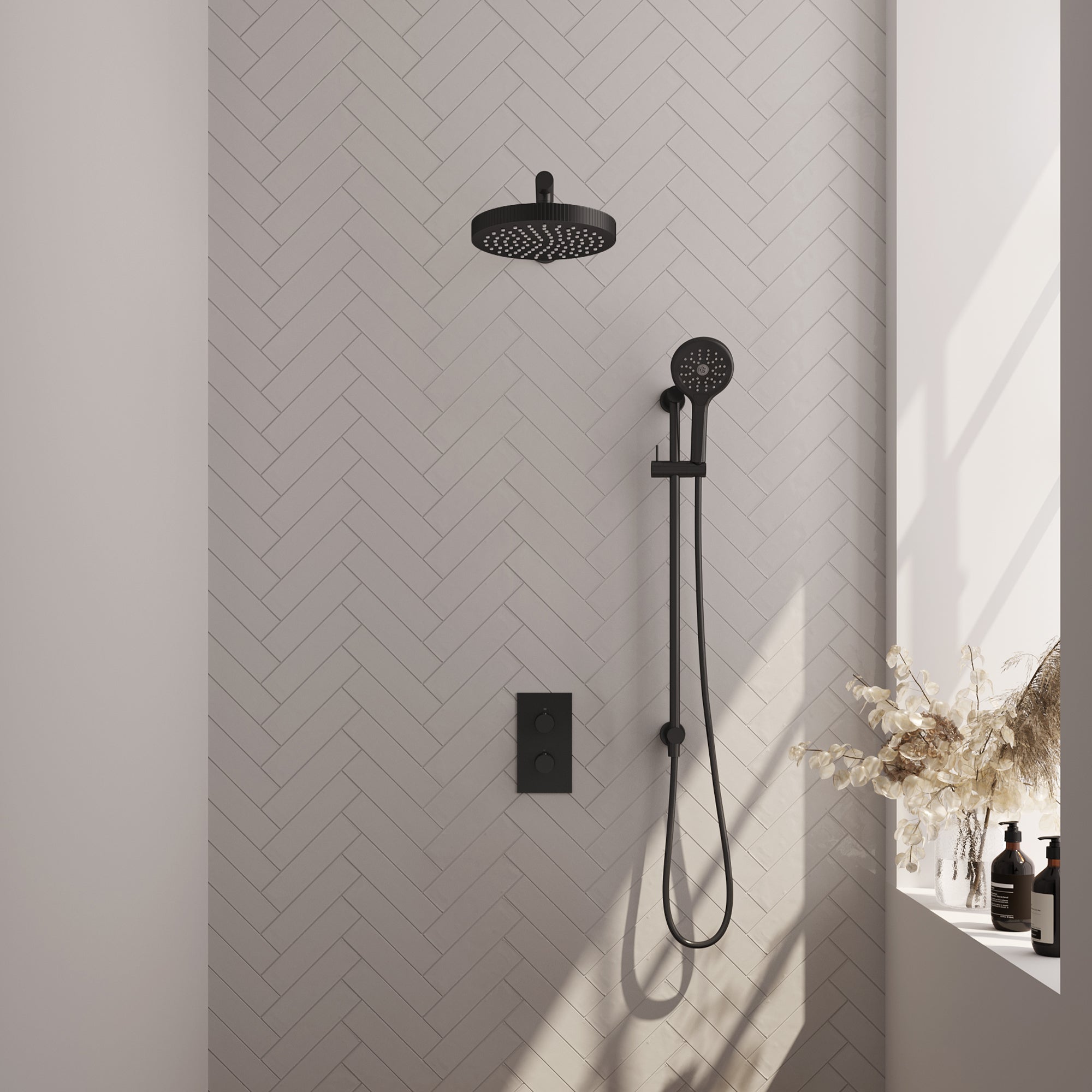 Brauer Stripe thermostatische inbouw regendouche rechthoekig - rechte wandarm - 3-standen handdouche - glijstang - Mat Zwart