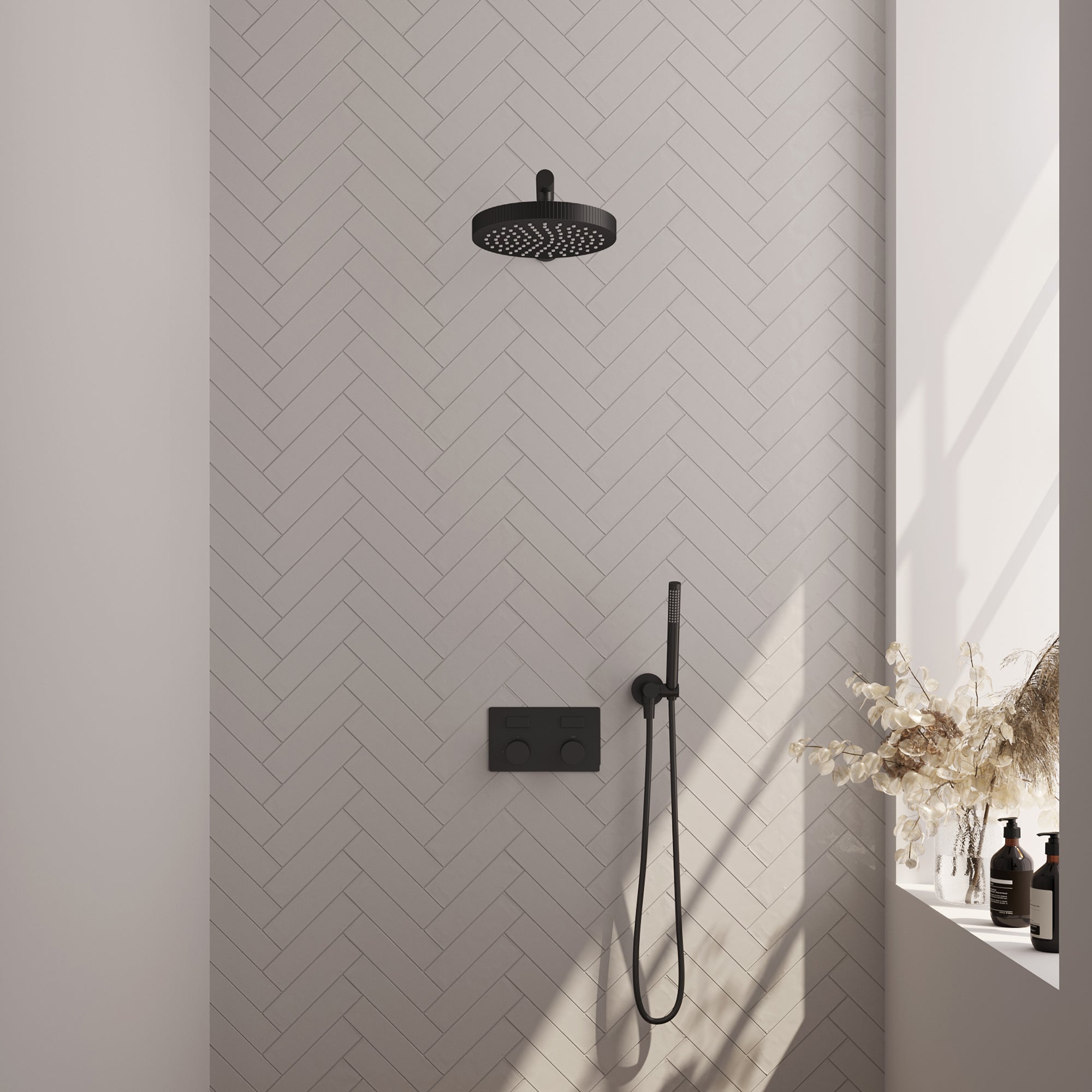 Brauer Stripe inbouw regendoucheset met drukknoppen - rechte wandarm - staafhanddouche - wandhouder - Mat Zwart