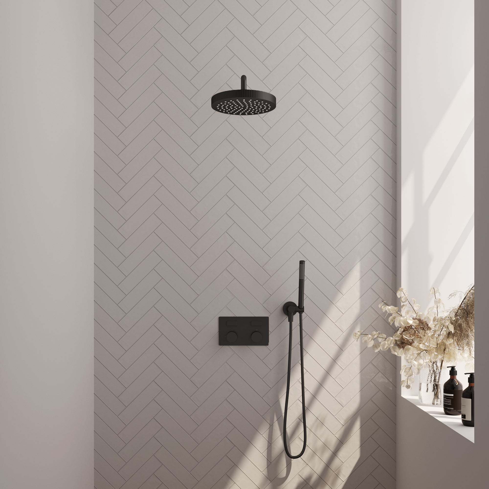 Brauer Stripe inbouw regendoucheset met drukknoppen - gebogen wandarm - staafhanddouche - wandhouder - Mat Zwart