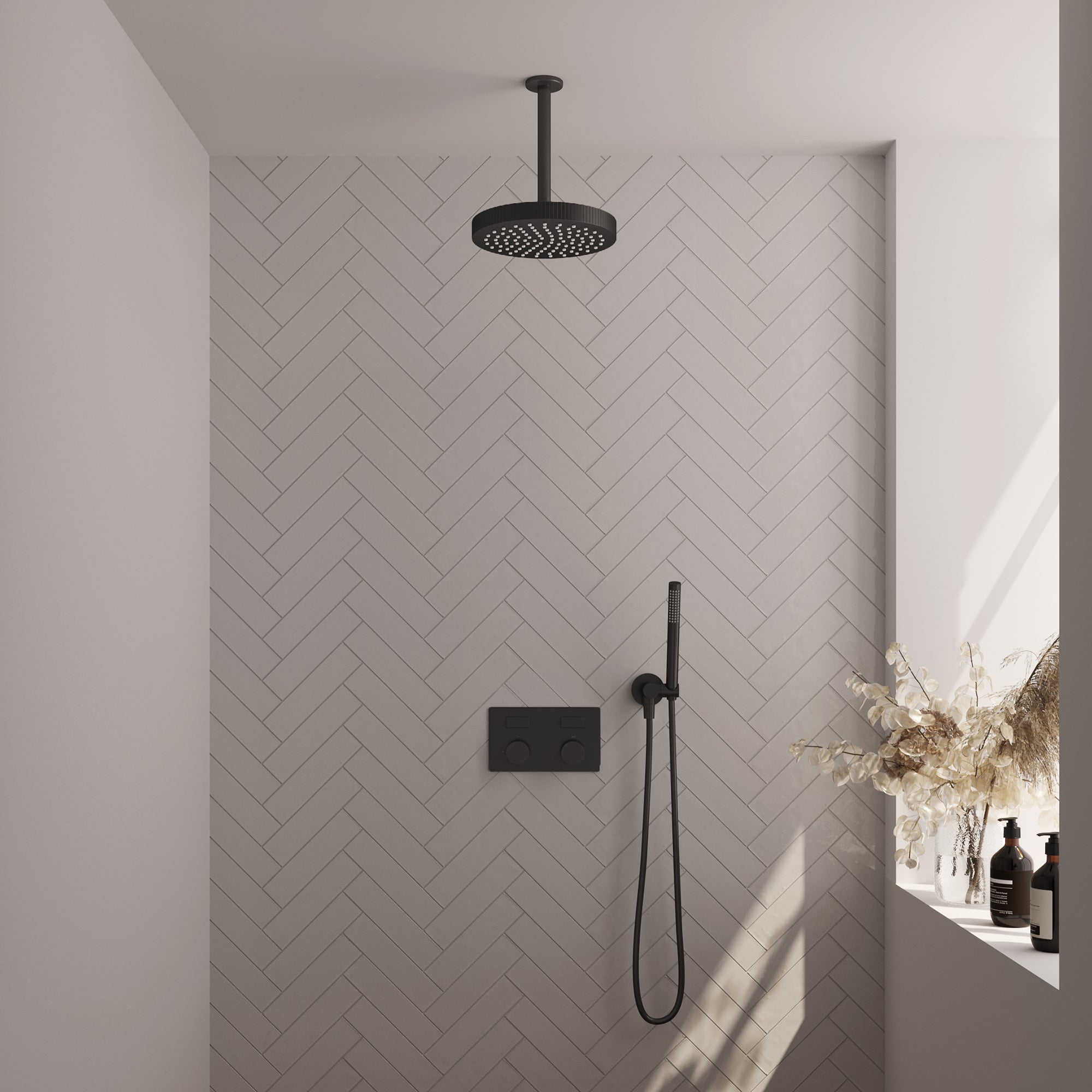 Brauer Stripe inbouw regendoucheset met drukknoppen  - 20cm plafondbuis - staafhanddouche - wandhouder - Mat Zwart
