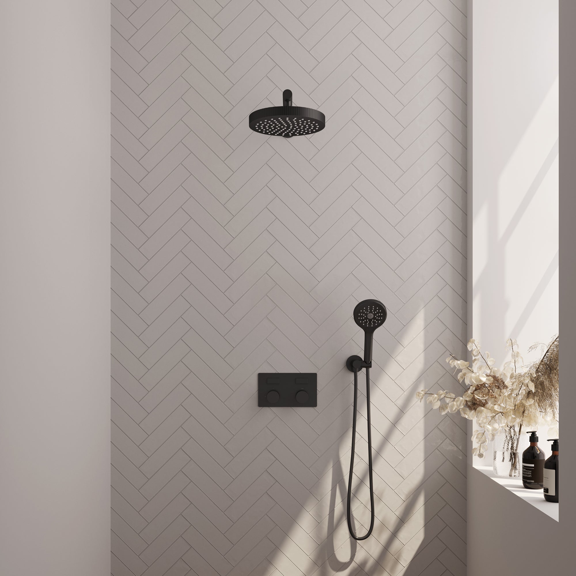 Brauer Stripe inbouw regendoucheset met drukknoppen - rechte wandarm - 3-standen handdouche - wandhouder - Mat Zwart