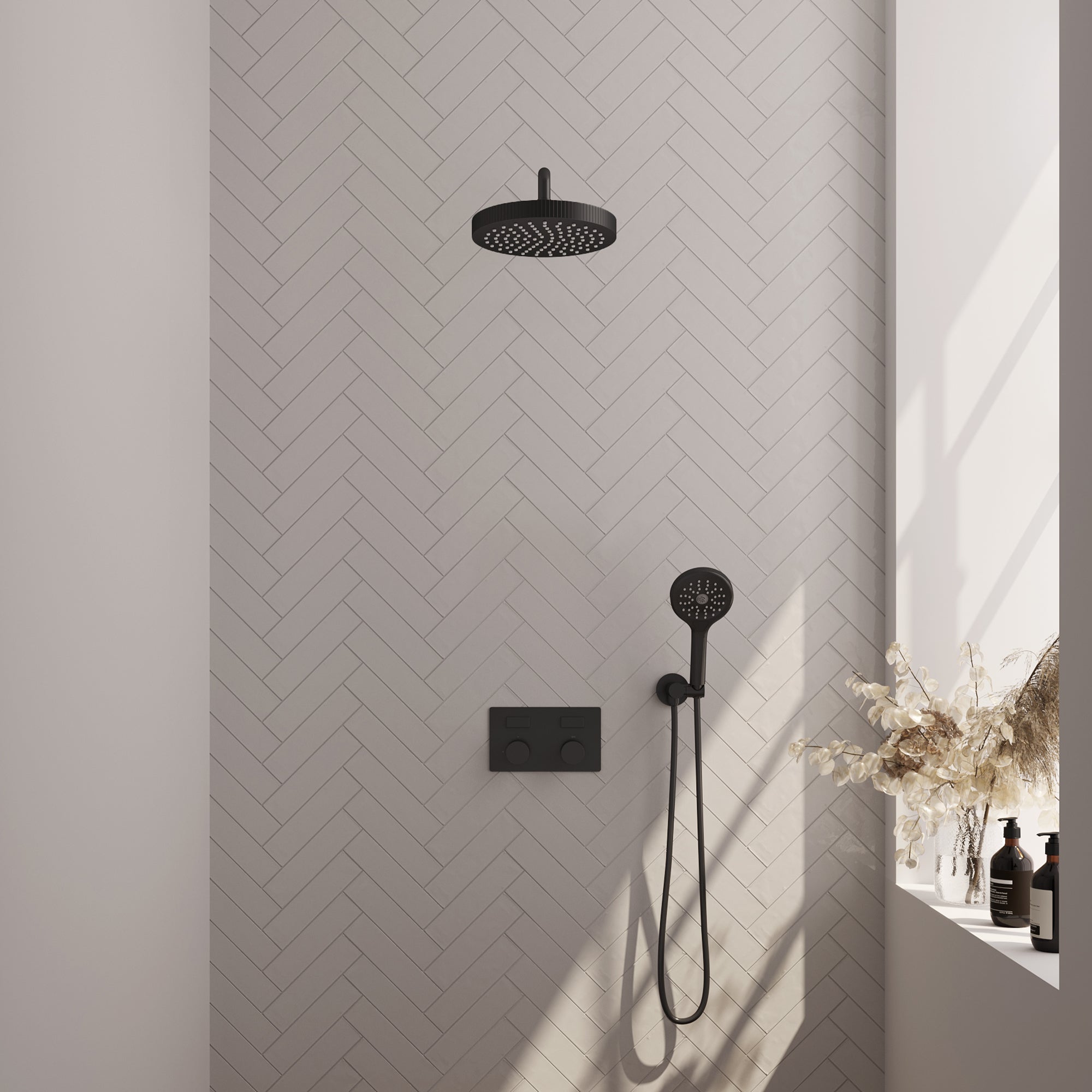 Brauer Stripe inbouw regendoucheset met drukknoppen - gebogen wandarm - 3-standen handdouche - wandhouder - Mat Zwart