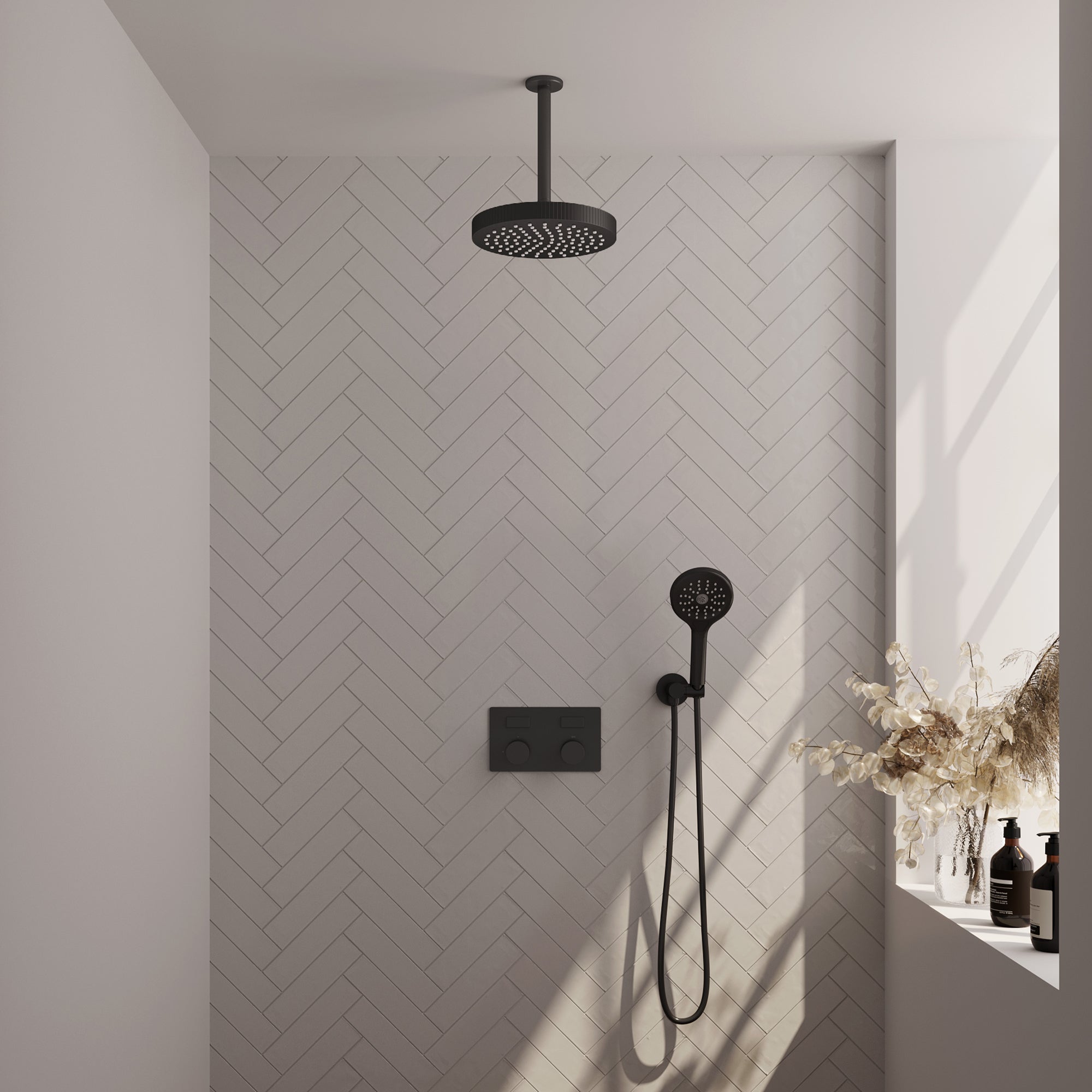 Brauer Stripe inbouw regendoucheset met drukknoppen  - 20cm plafondbuis - 3-standen handdouche - wandhouder - Mat Zwart