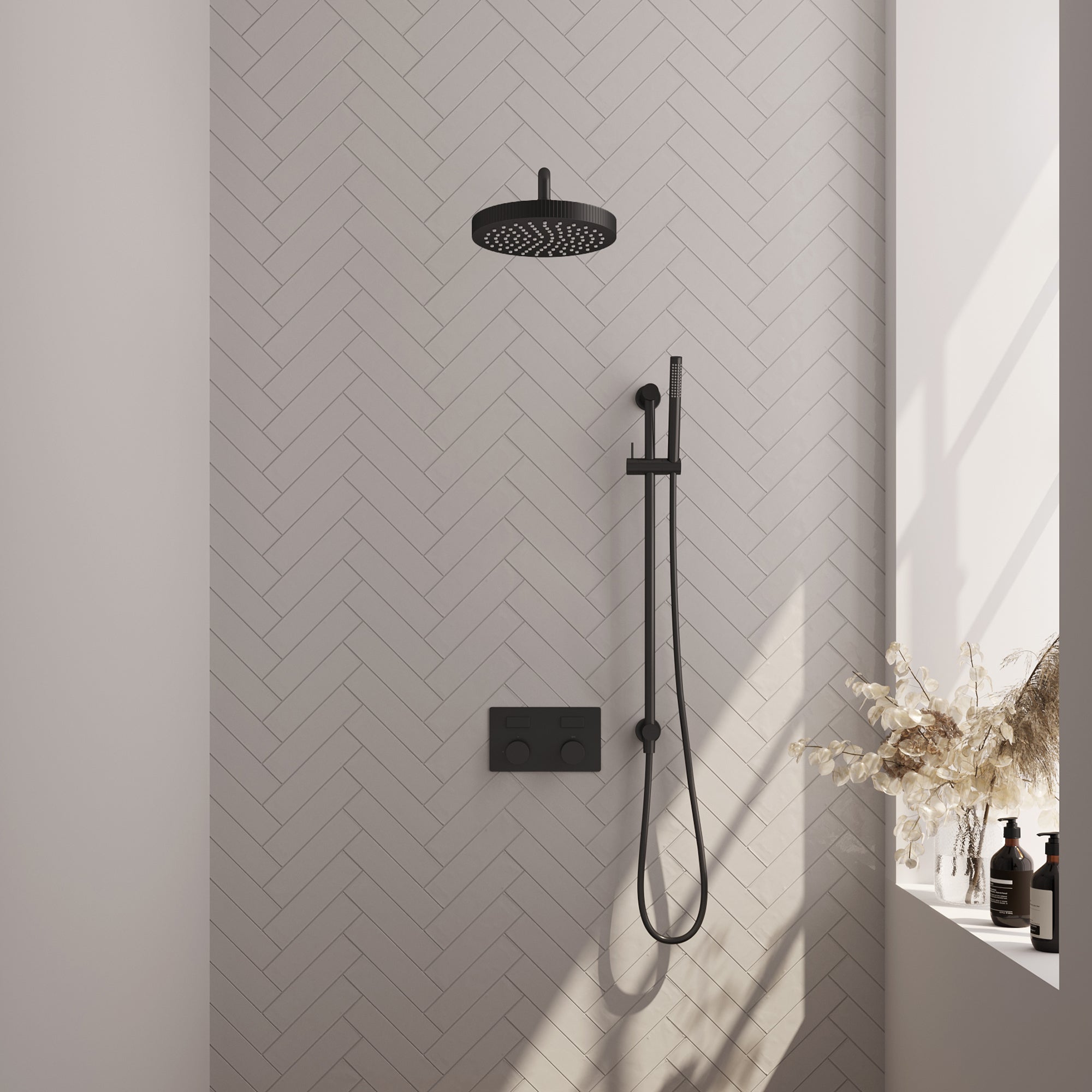 Brauer Stripe inbouw regendoucheset met drukknoppen - gebogen wandarm - staafhanddouche - glijstang - Mat Zwart