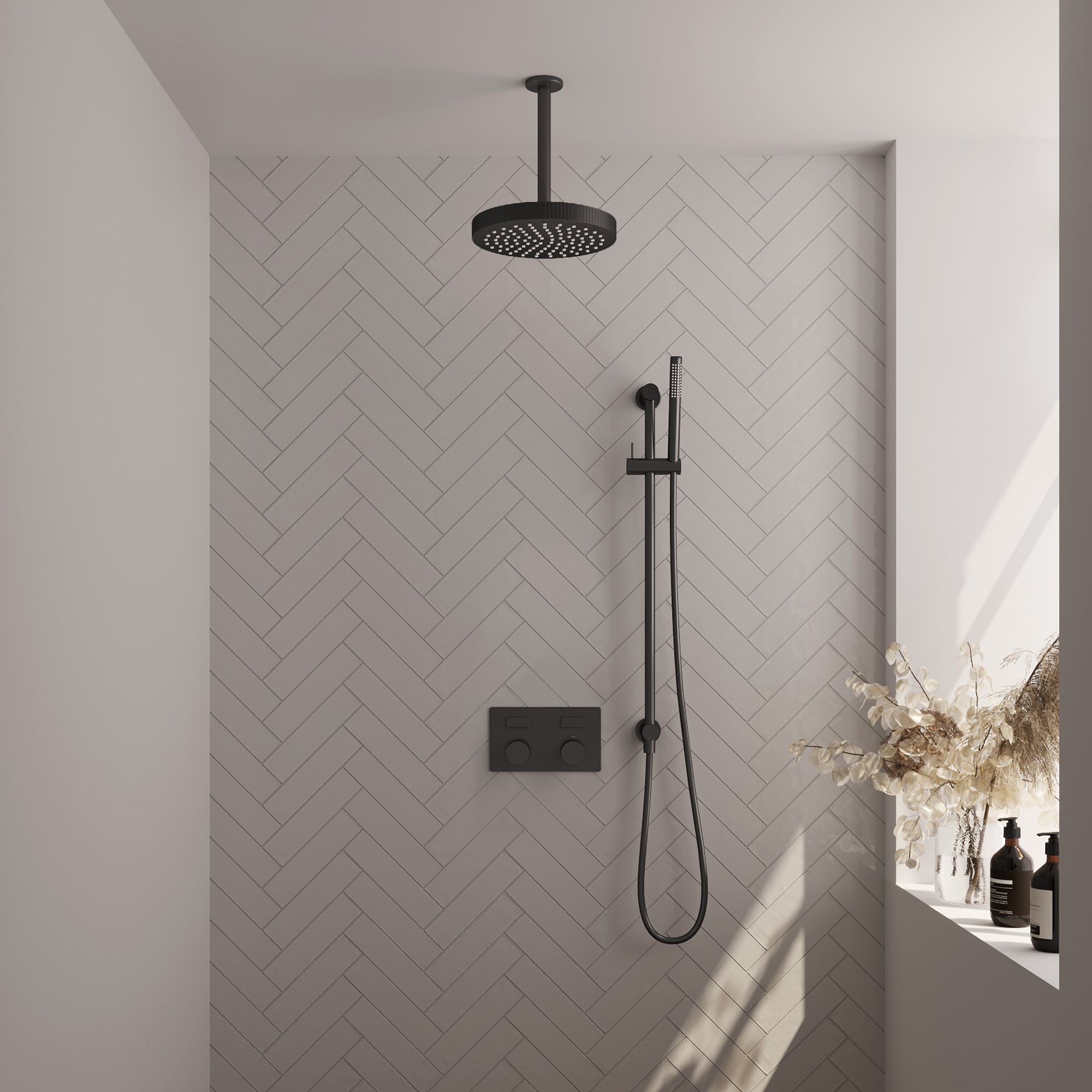 Brauer Stripe inbouw regendoucheset met drukknoppen  - 20cm plafondbuis - staafhanddouche - glijstang - Mat Zwart