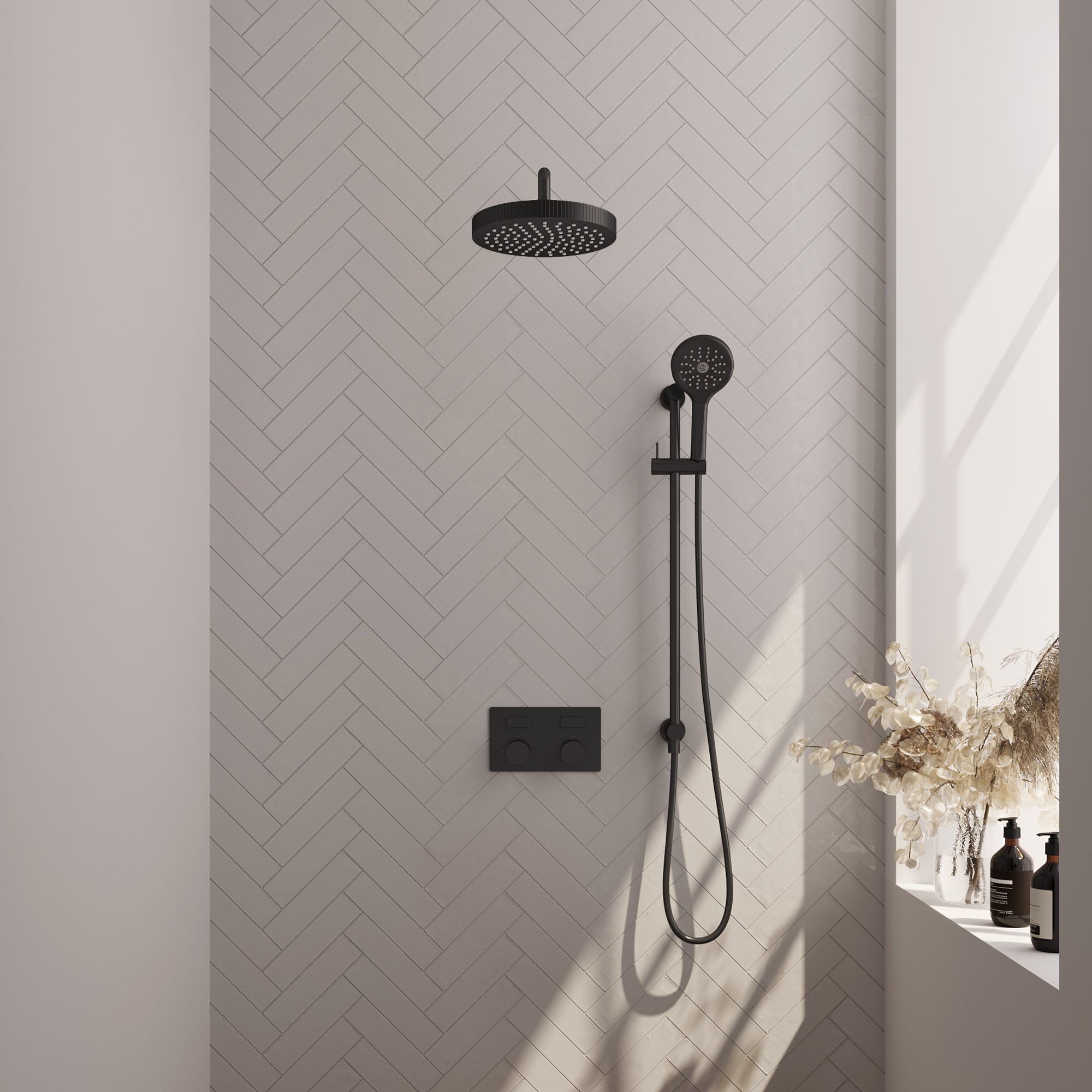Brauer Stripe inbouw regendoucheset met drukknoppen - gebogen wandarm - 3-standen handdouche - glijstang - Mat Zwart