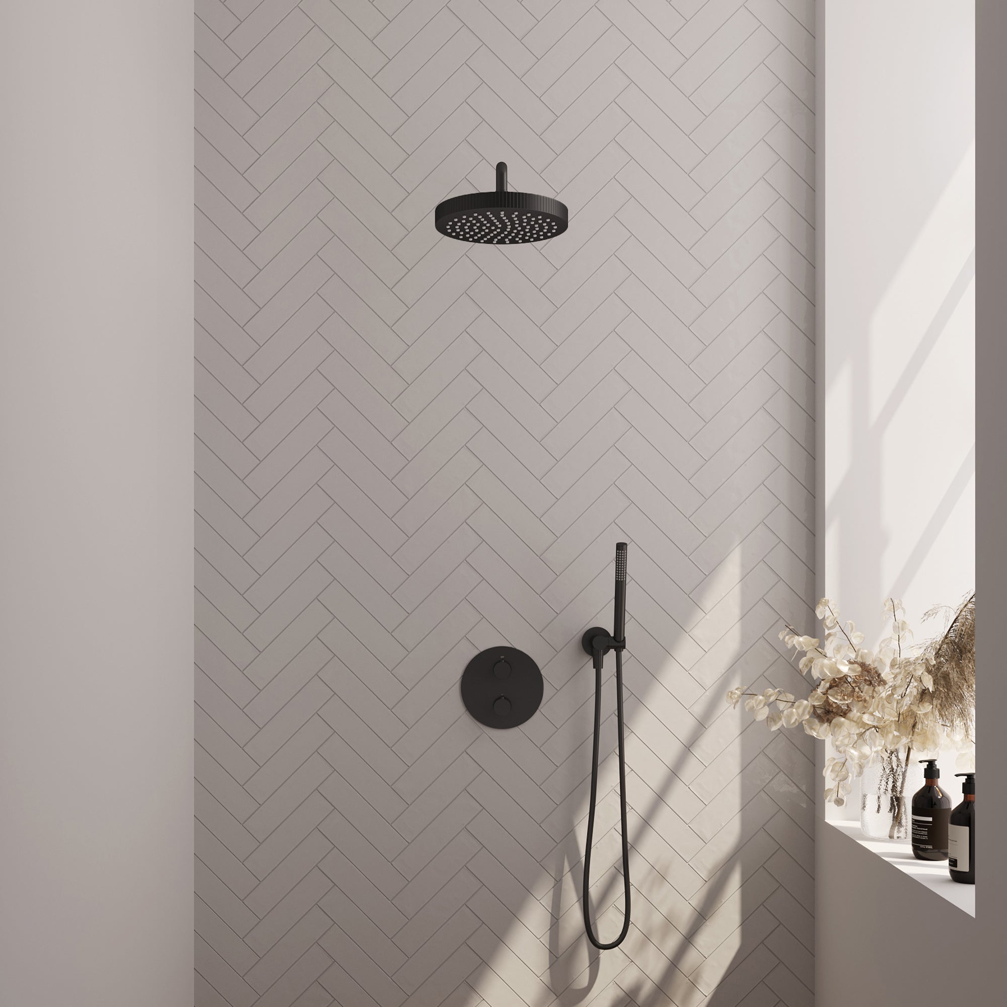 Brauer Stripe inbouw regendoucheset rond - gebogen wandarm - staafhanddouche - wandhouder - Mat Zwart