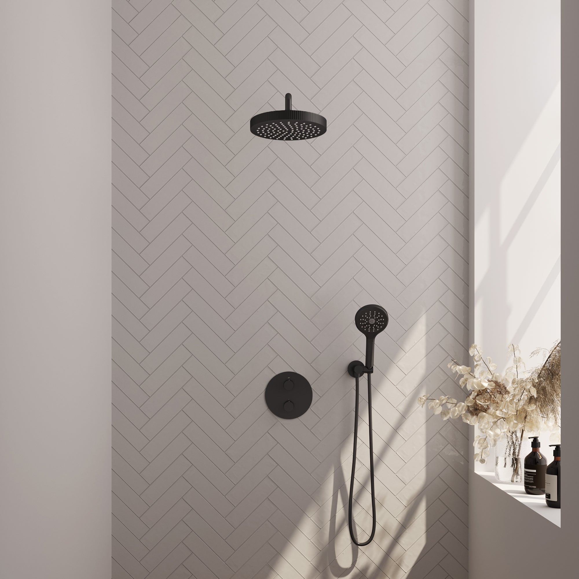 Brauer Stripe inbouw regendoucheset rond - gebogen wandarm - 3-standen handdouche - wandhouder - Mat Zwart