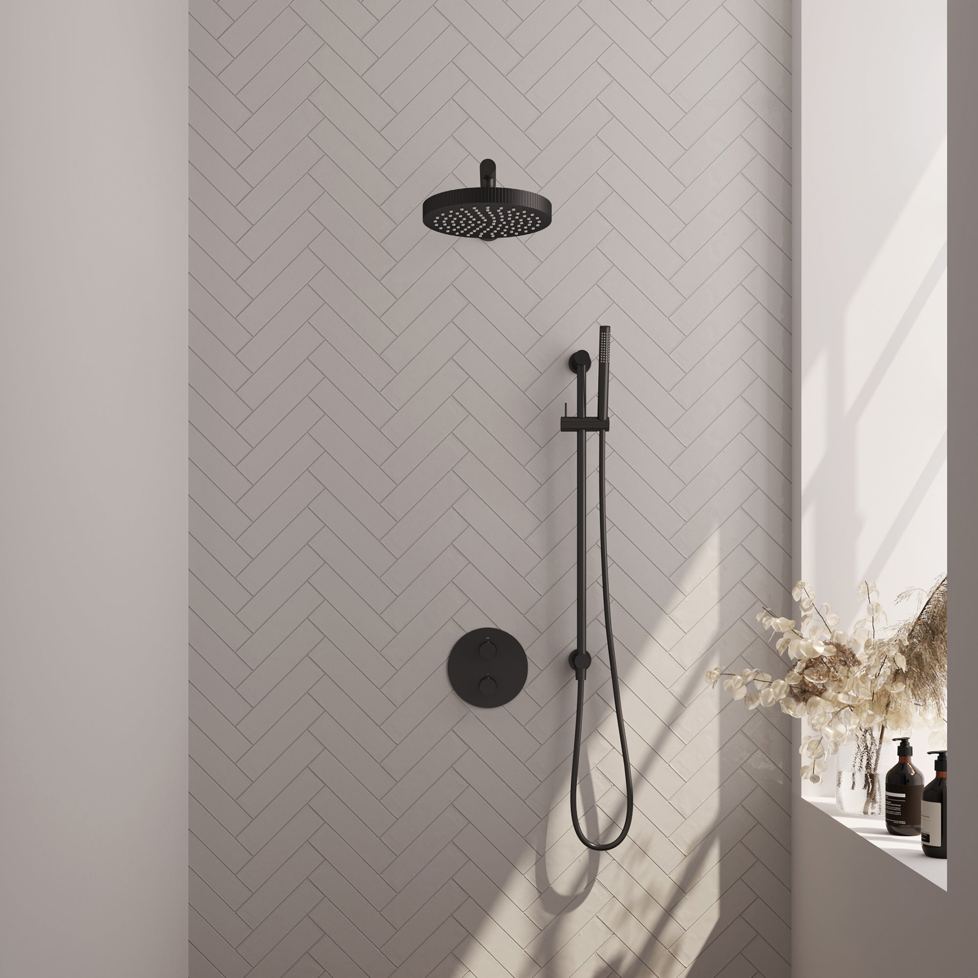 Brauer Stripe inbouw regendoucheset rond - rechte wandarm - staafhanddouche - glijstang - Mat Zwart