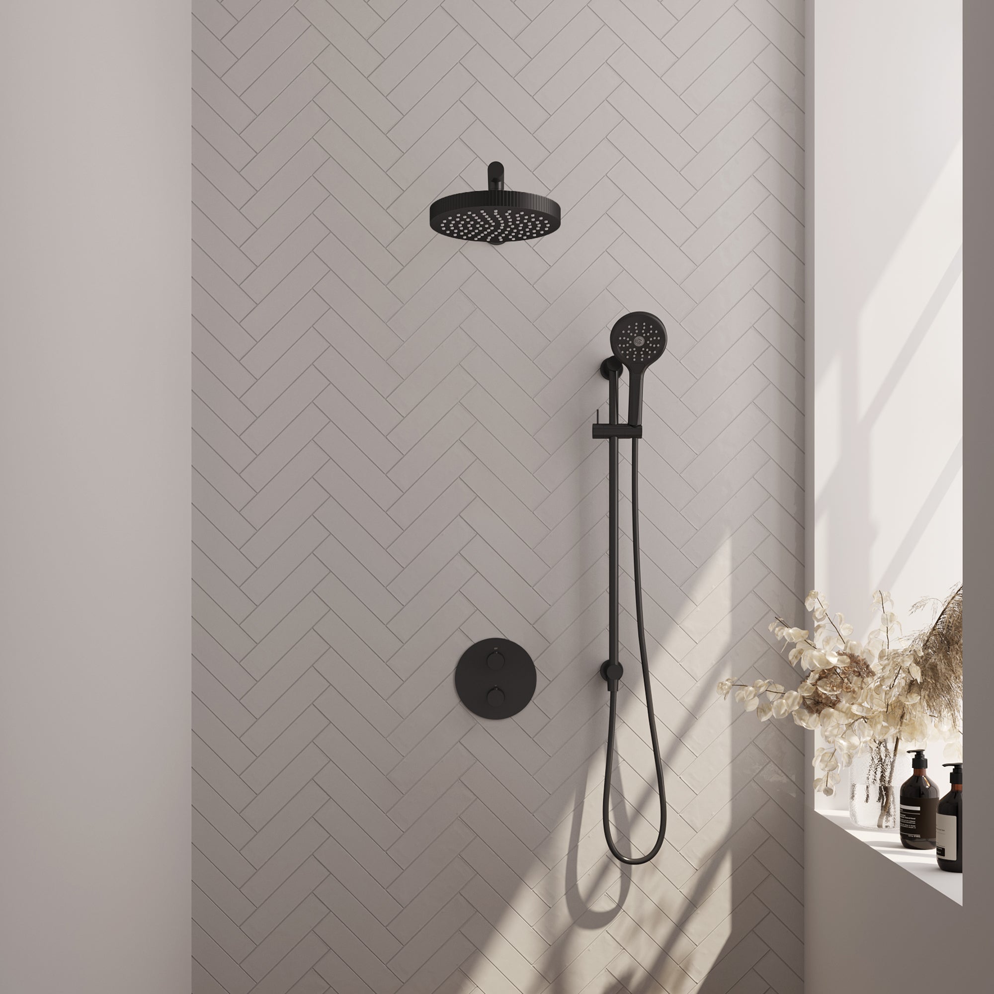 Brauer Stripe inbouw regendoucheset rond - rechte wandarm - 3-standen handdouche - glijstang - Mat Zwart