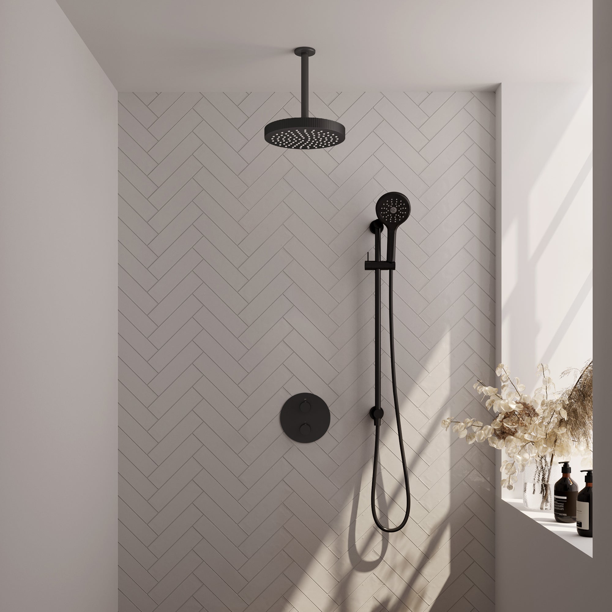 Brauer Stripe inbouw regendoucheset rond  - 20cm plafondbuis - 3-standen handdouche - glijstang - Mat Zwart