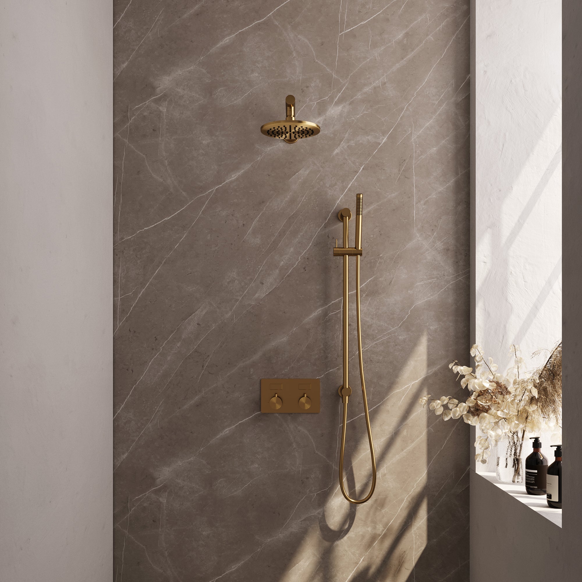 Brauer Edition inbouw doucheset - staafhanddouche - 20cm hoofdouche - rechte wandarm - glijstang - Geborsteld Goud PVD