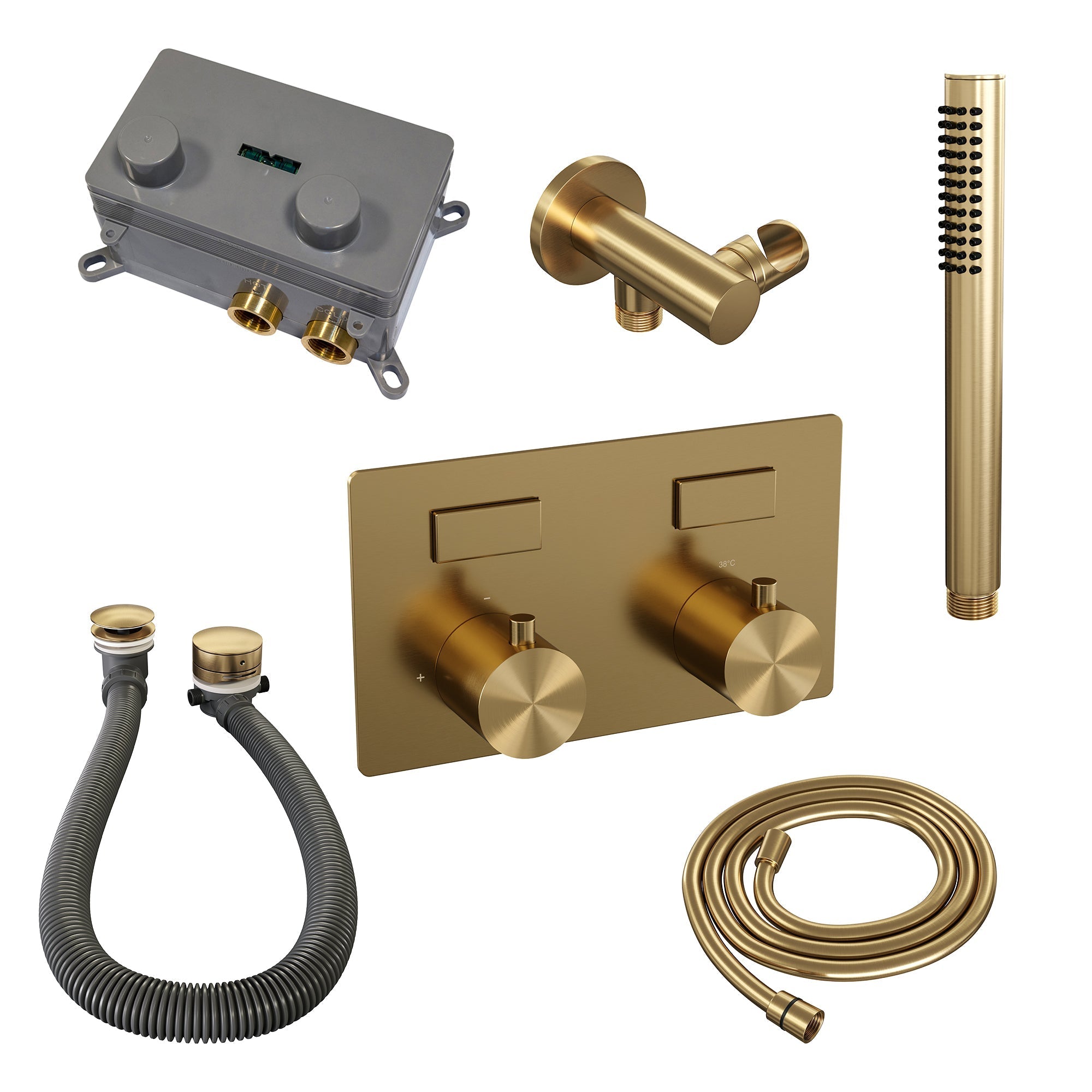 Brauer Edition inbouw badthermostaat - drukknoppen - badafvoer/vulcombinatie - staafhanddouche - Geborsteld Goud PVD