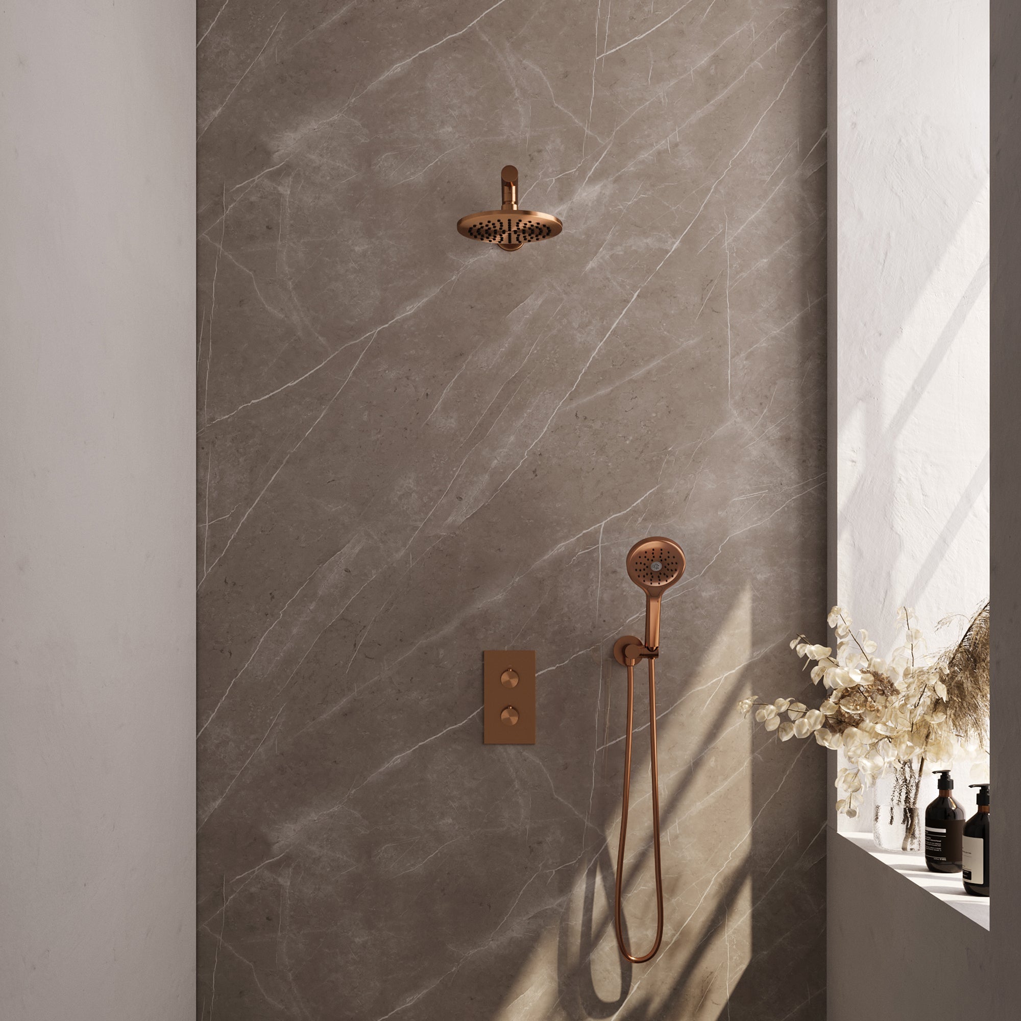 Brauer Edition inbouwset met 3-weg thermostaat - hoofddouche 20cm - rechte wandarm 40cm - ronde 3-standen handdouche - wandaansluiting - Geborsteld Koper PVD