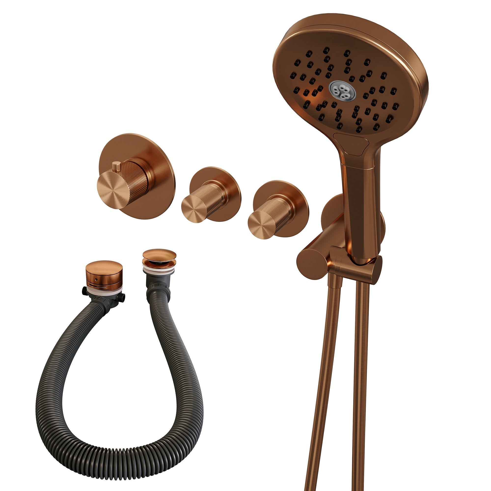 Brauer Carving inbouw badthermostaat met badafvoer/vulcombinatie - 3-standen handdouche - Geborsteld Koper PVD