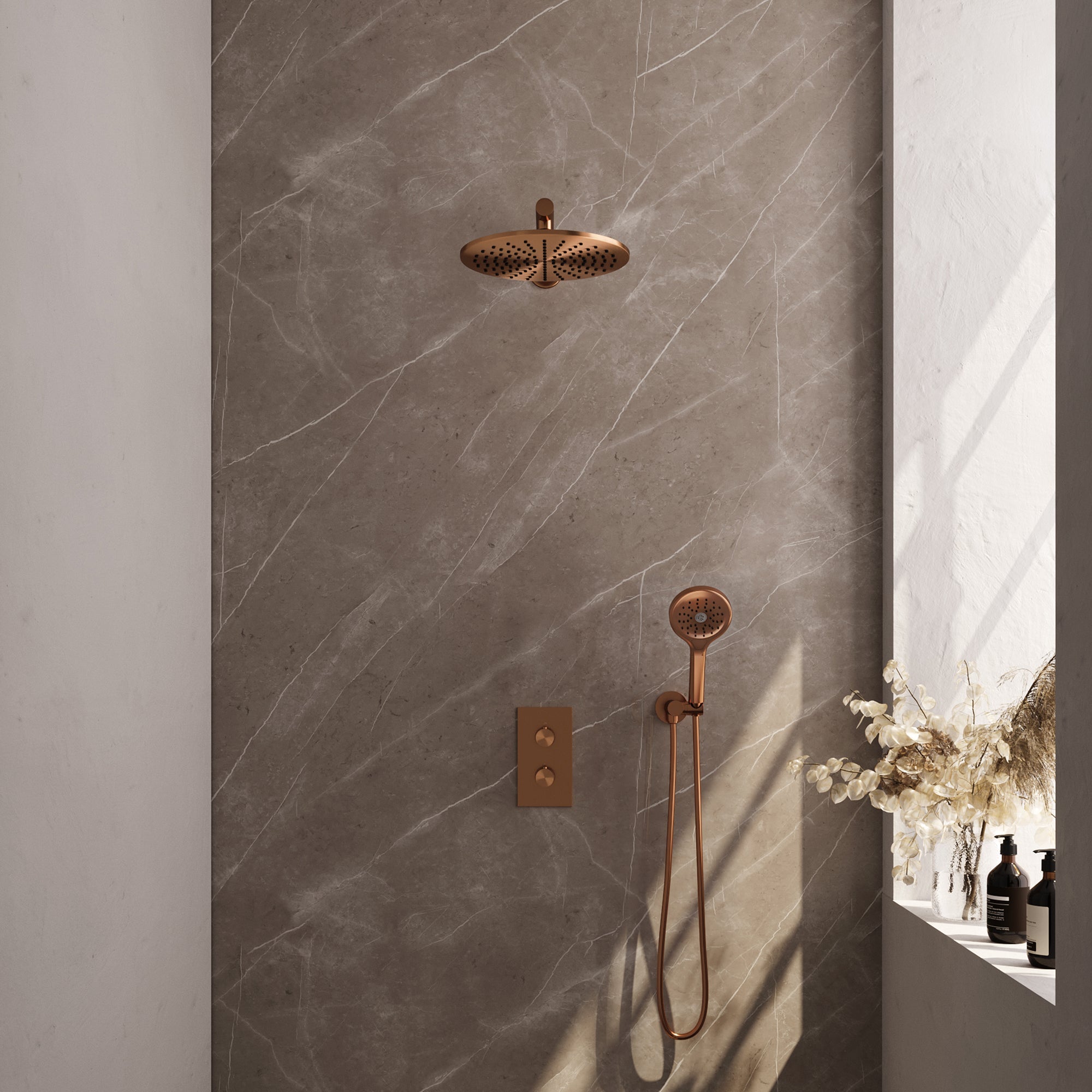 Brauer Edition inbouwset met 3-weg thermostaat - hoofddouche 30cm - rechte wandarm 40cm - ronde 3-standen handdouche - wandaansluiting - Geborsteld Koper PVD