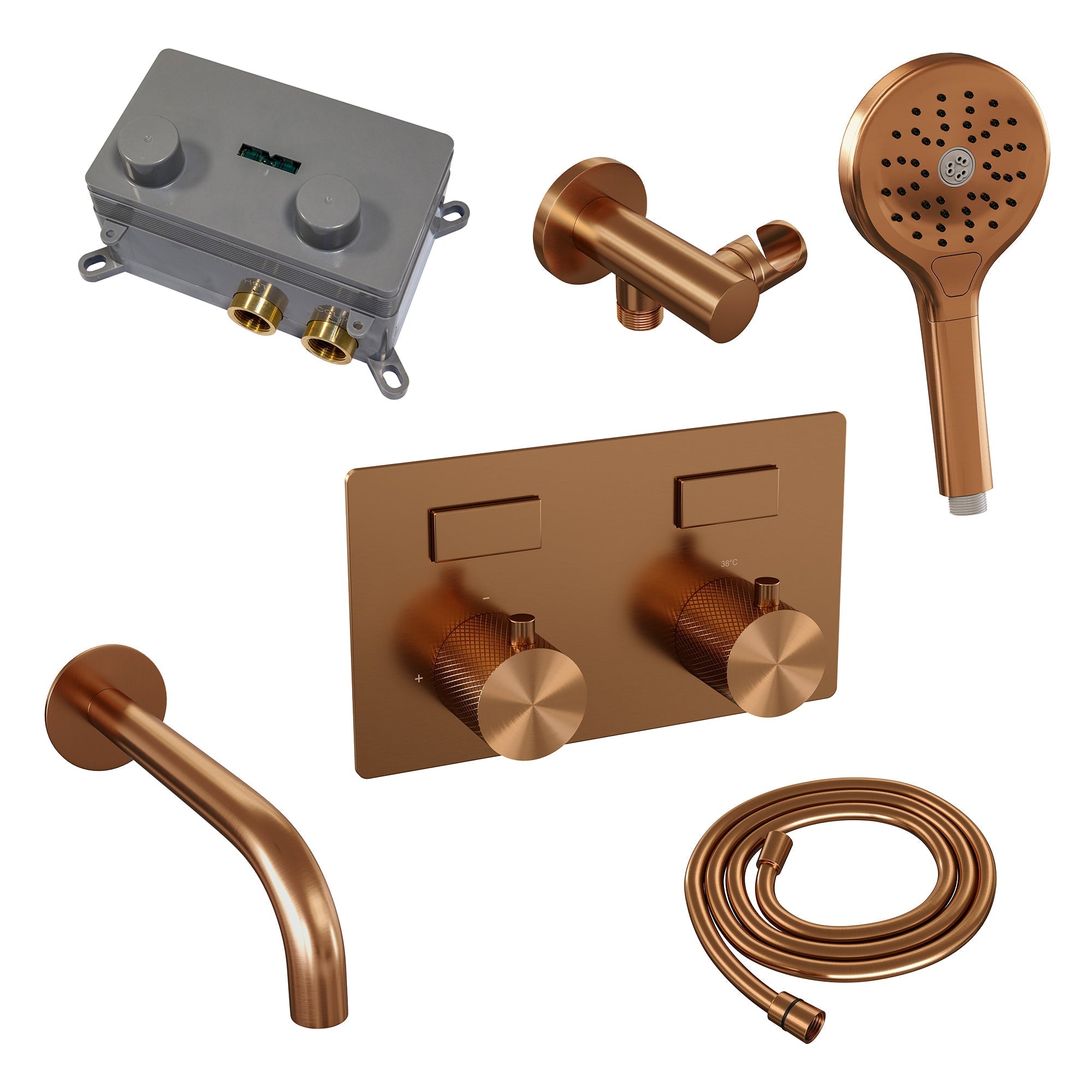 Brauer Carving inbouw badthermostaat - drukknoppen - baduitloop - 3-standen handdouche - Geborsteld Koper PVD
