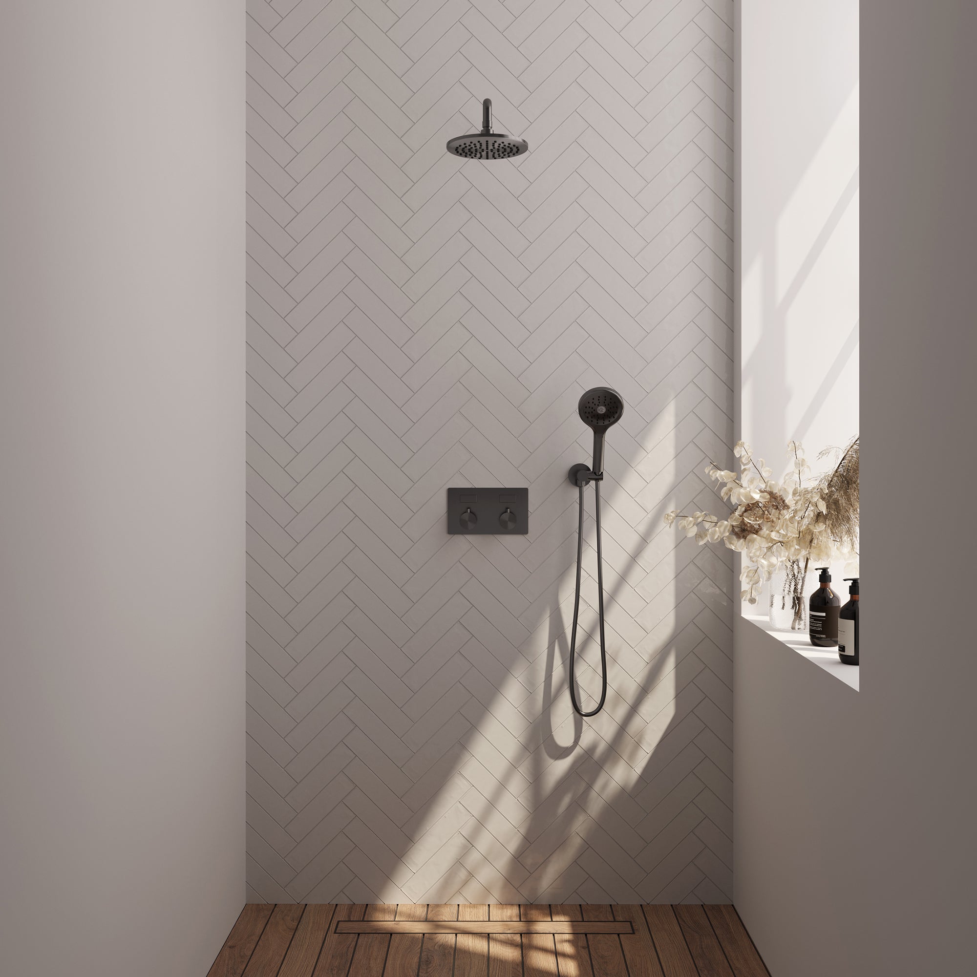 Brauer Edition inbouw doucheset - ronde handdouche - 20cm hoofdouche - gebogen wandarm - wandsteun - Geborsteld Gunmetal PVD