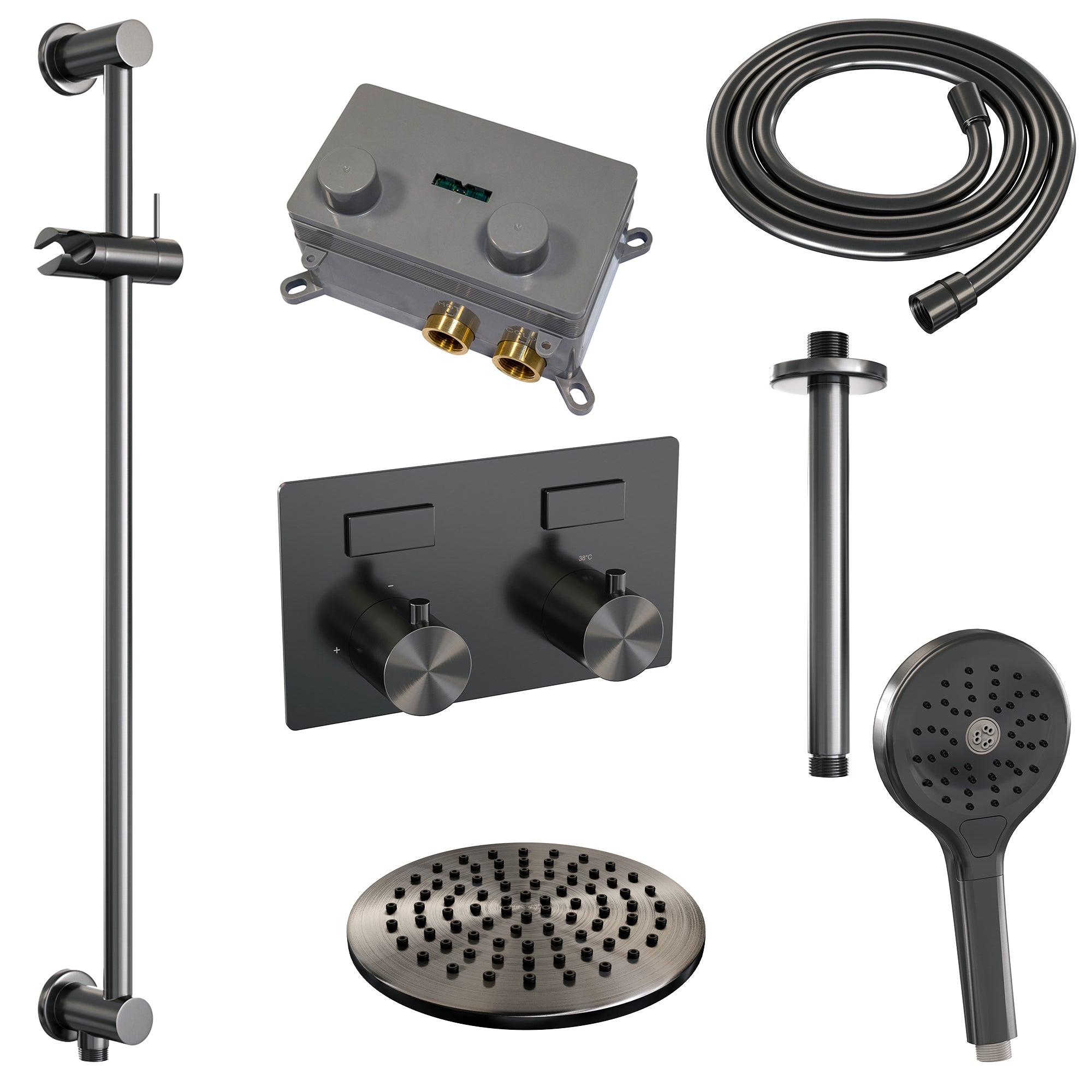 Brauer Edition inbouw doucheset - ronde handdouche - 20cm hoofdouche - plafondbuis - glijstang - Geborsteld Gunmetal PVD