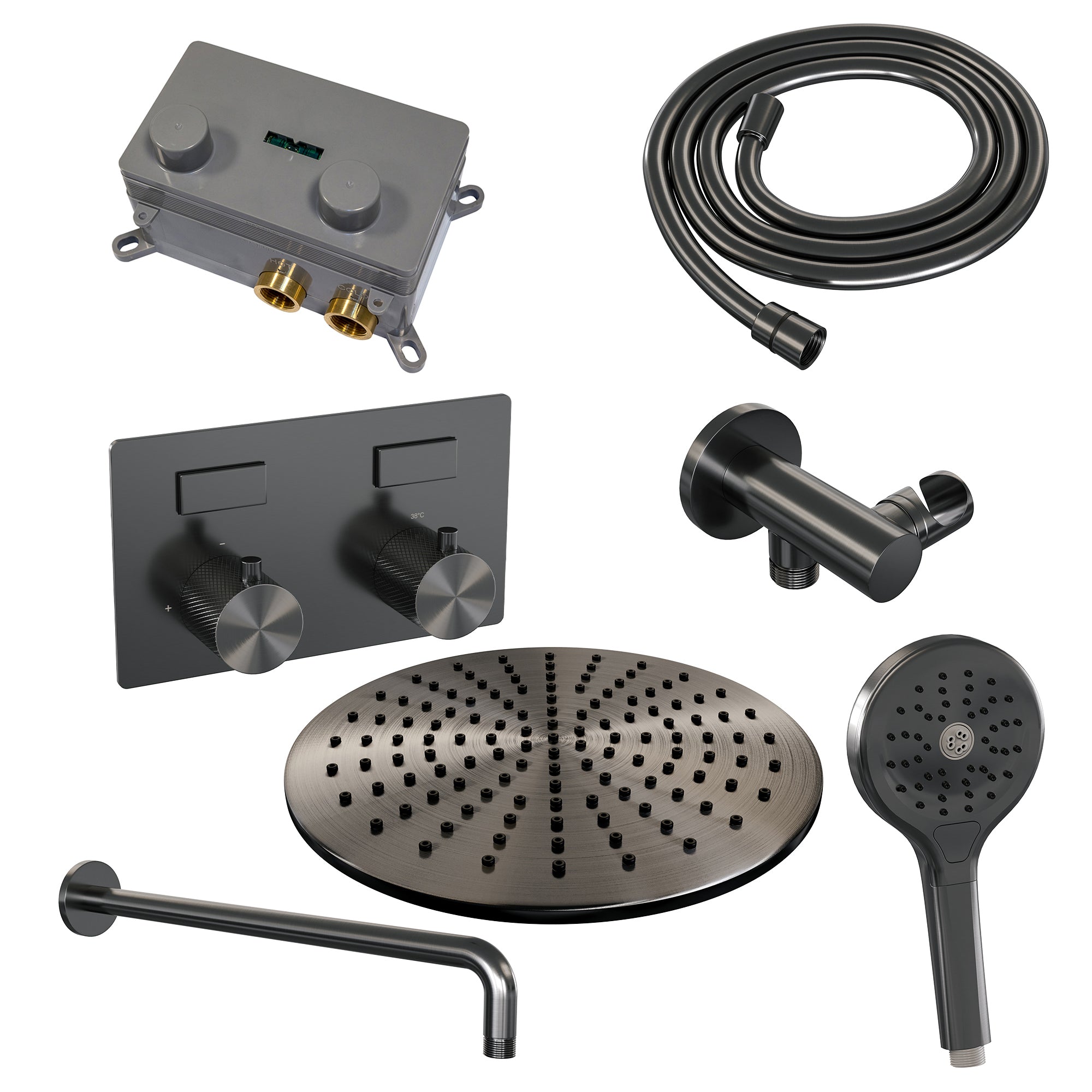 Brauer Carving inbouw doucheset - ronde handdouche - 30cm hoofdouche - gebogen wandarm - wandsteun - Geborsteld Gunmetal PVD