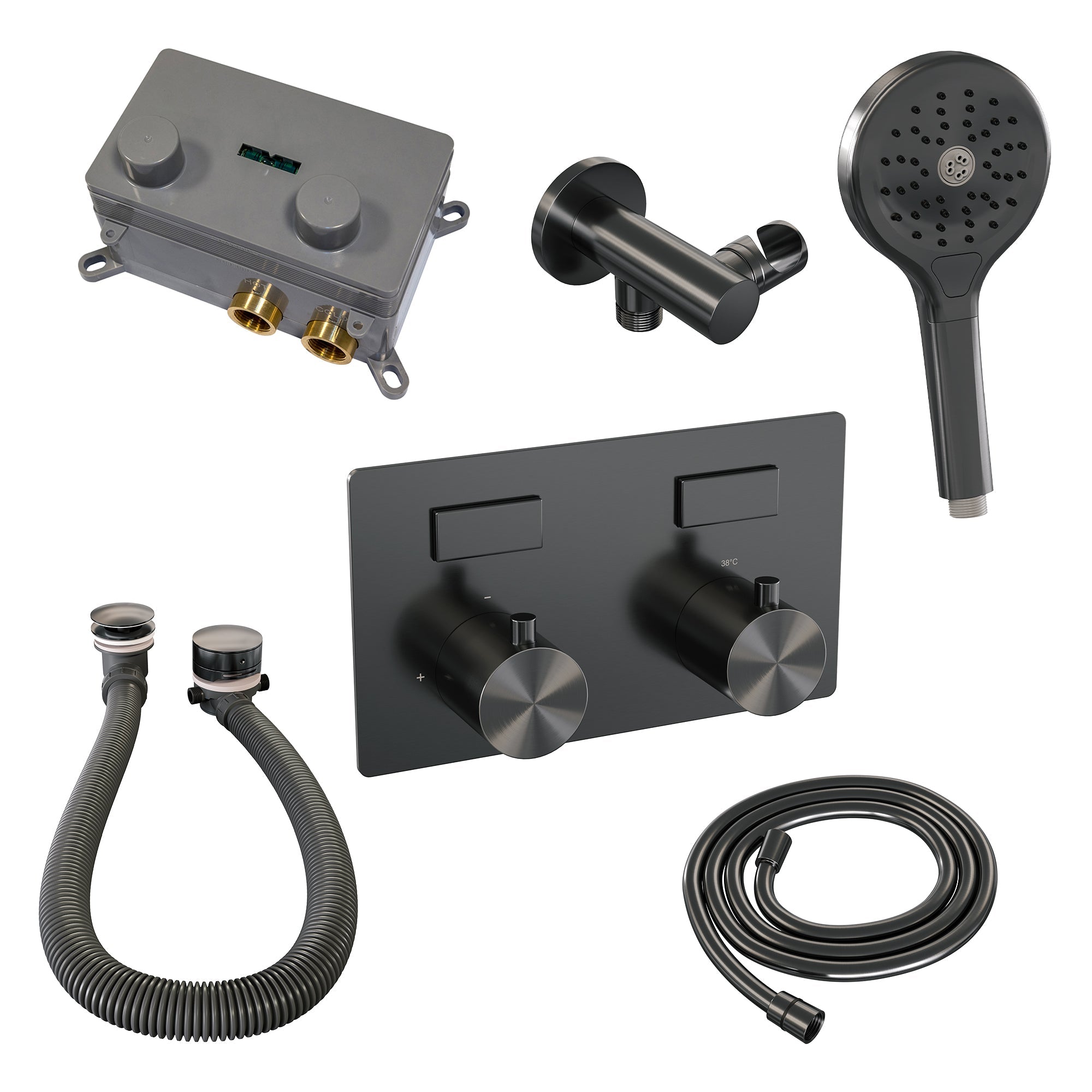 Brauer Gunmetall Edition inbouw badthermostaat - drukknoppen - badafvoer/vulcombinatie - 3-standen handdouche - Geborsteld Gunmetal PVD