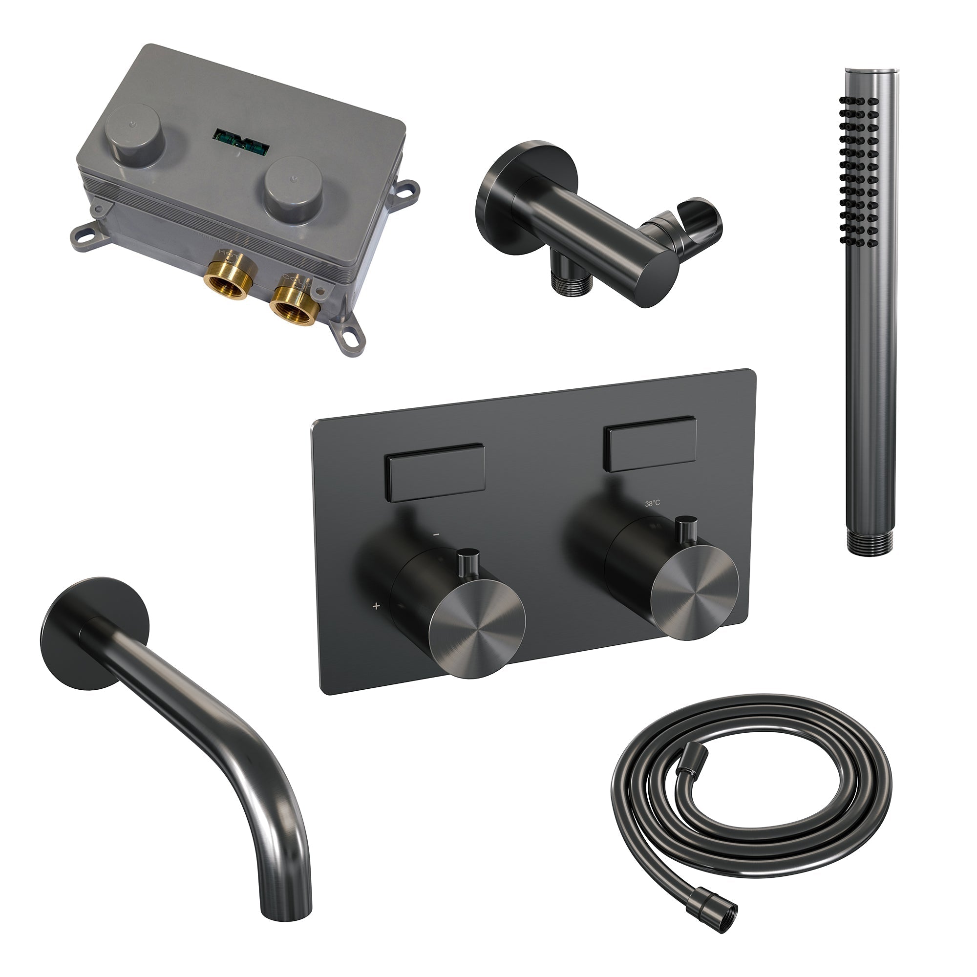 Brauer Edition inbouw badthermostaat - drukknoppen - baduitloop - staafhanddouche - Geborsteld Gunmetal PVD