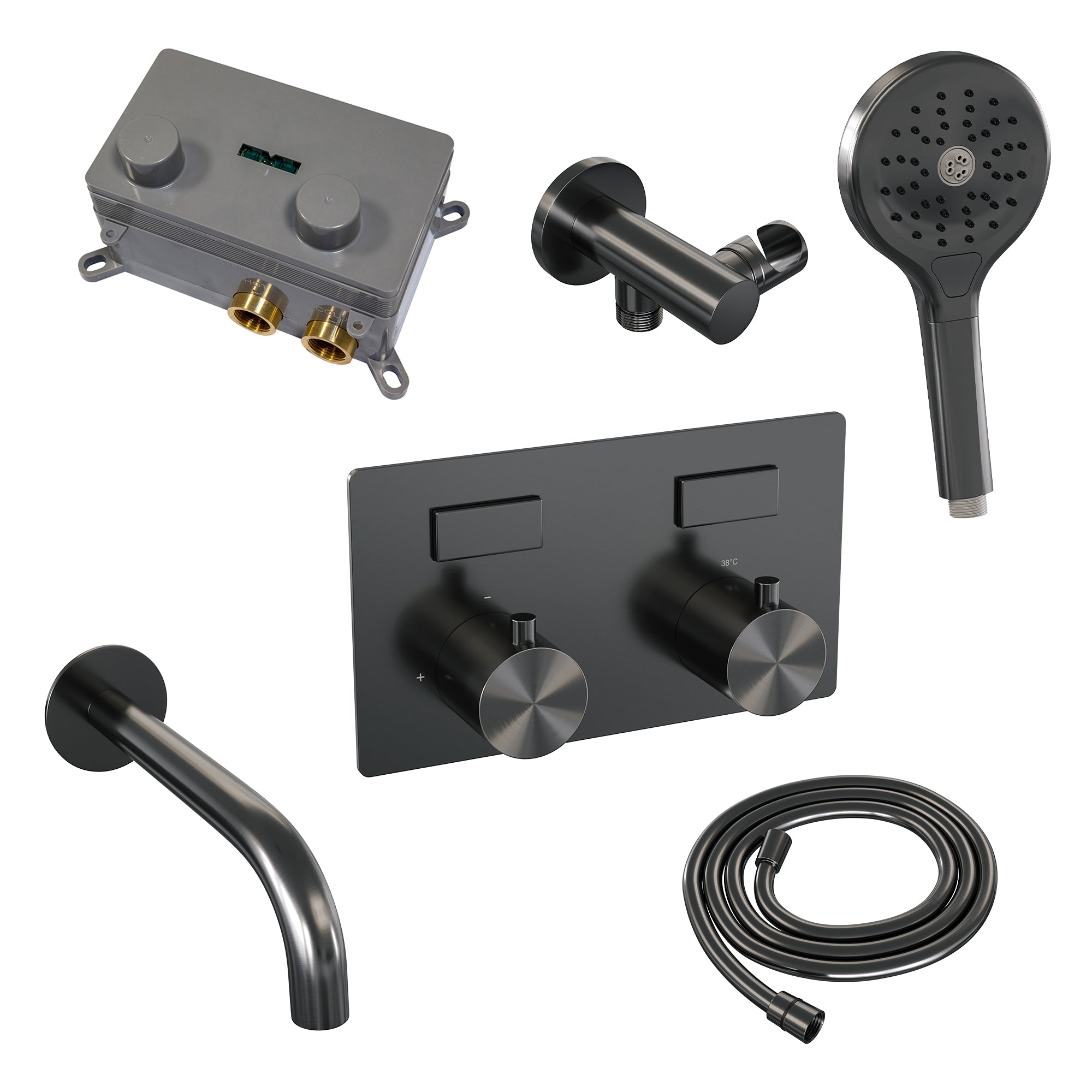 Brauer Gunmetall Edition inbouw badthermostaat - drukknoppen - baduitloop - 3-standen handdouche - Geborsteld Gunmetal PVD