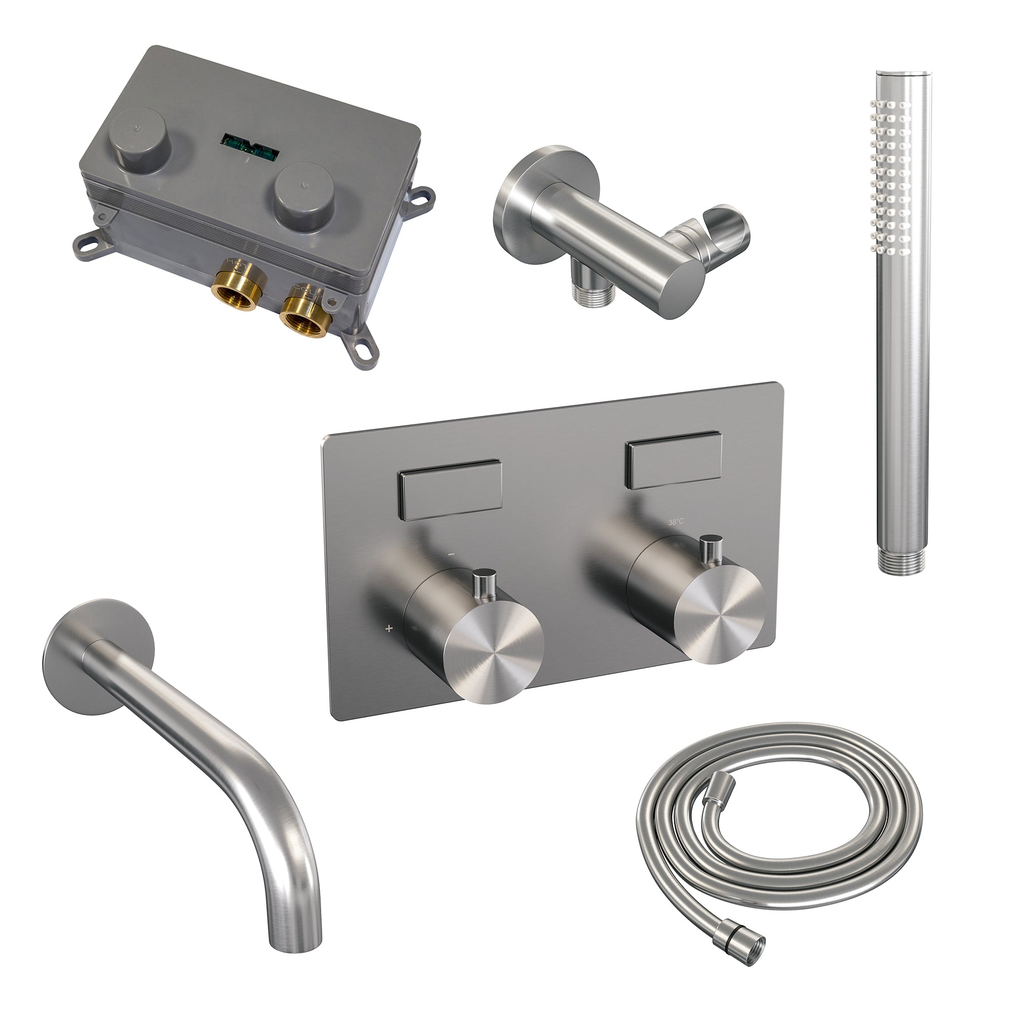 Brauer Edition inbouw badthermostaat - drukknoppen - baduitloop - staafhanddouche - geborsteld rvs PVD