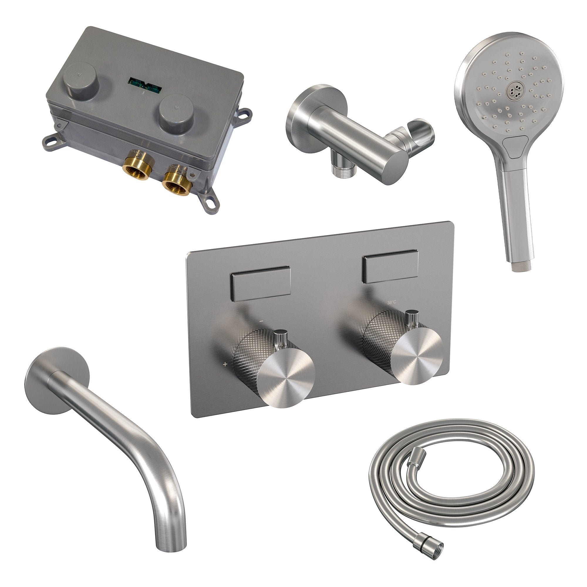 Brauer Carving inbouw badthermostaat - drukknoppen - baduitloop - 3-standen handdouche - geborsteld rvs PVD