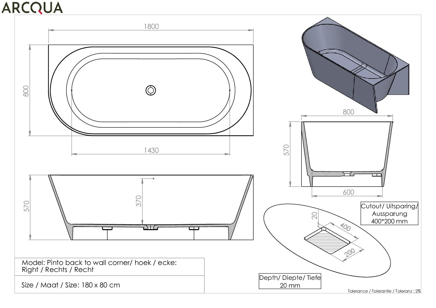 Arcqua - Pinto back to wall ligbad 180x80 mat zwart rechts