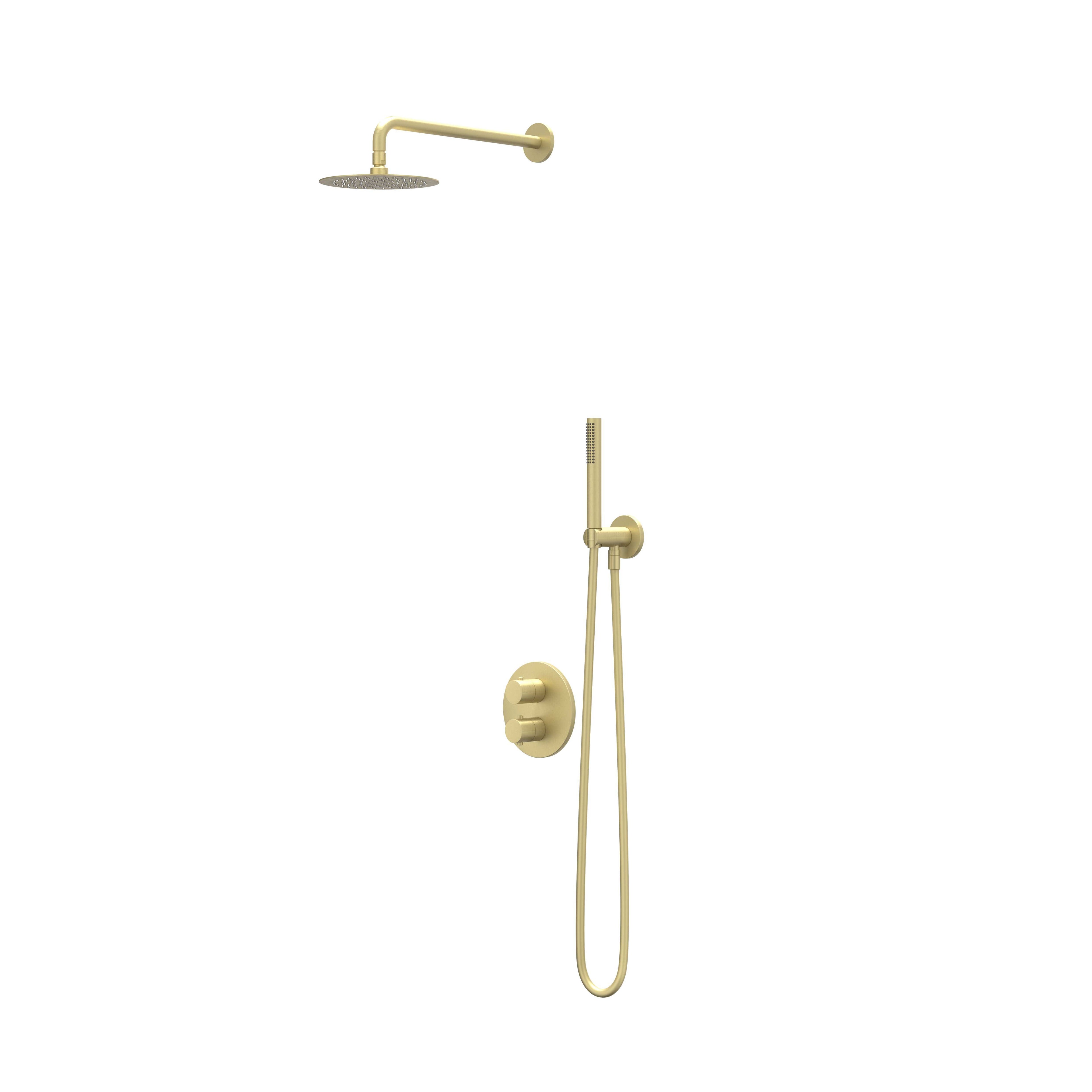 IVY Bond inbouw regendoucheset 2-weg - 40cm wandarm - 25cm slim hoofddouche rond - wandhouder - satin spray handdouche - geborsteld mat goud pvd